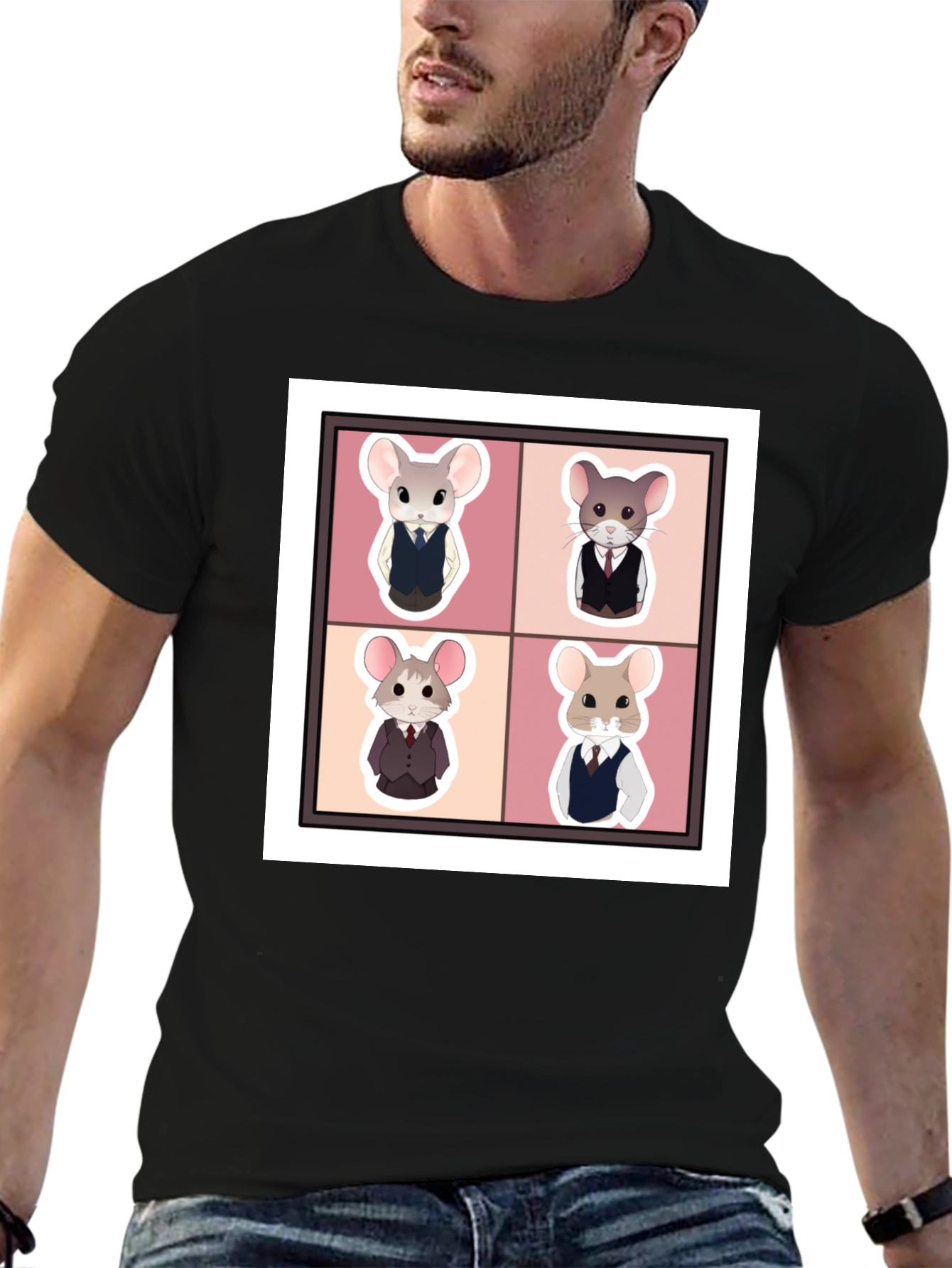 Black Stylish Mouse Portrait Black T-Shirt view 6