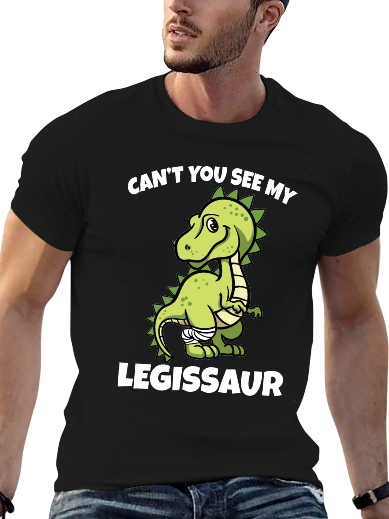 Black Legissaur T-Shirt - Funny Dinosaur Injury Tee view 6