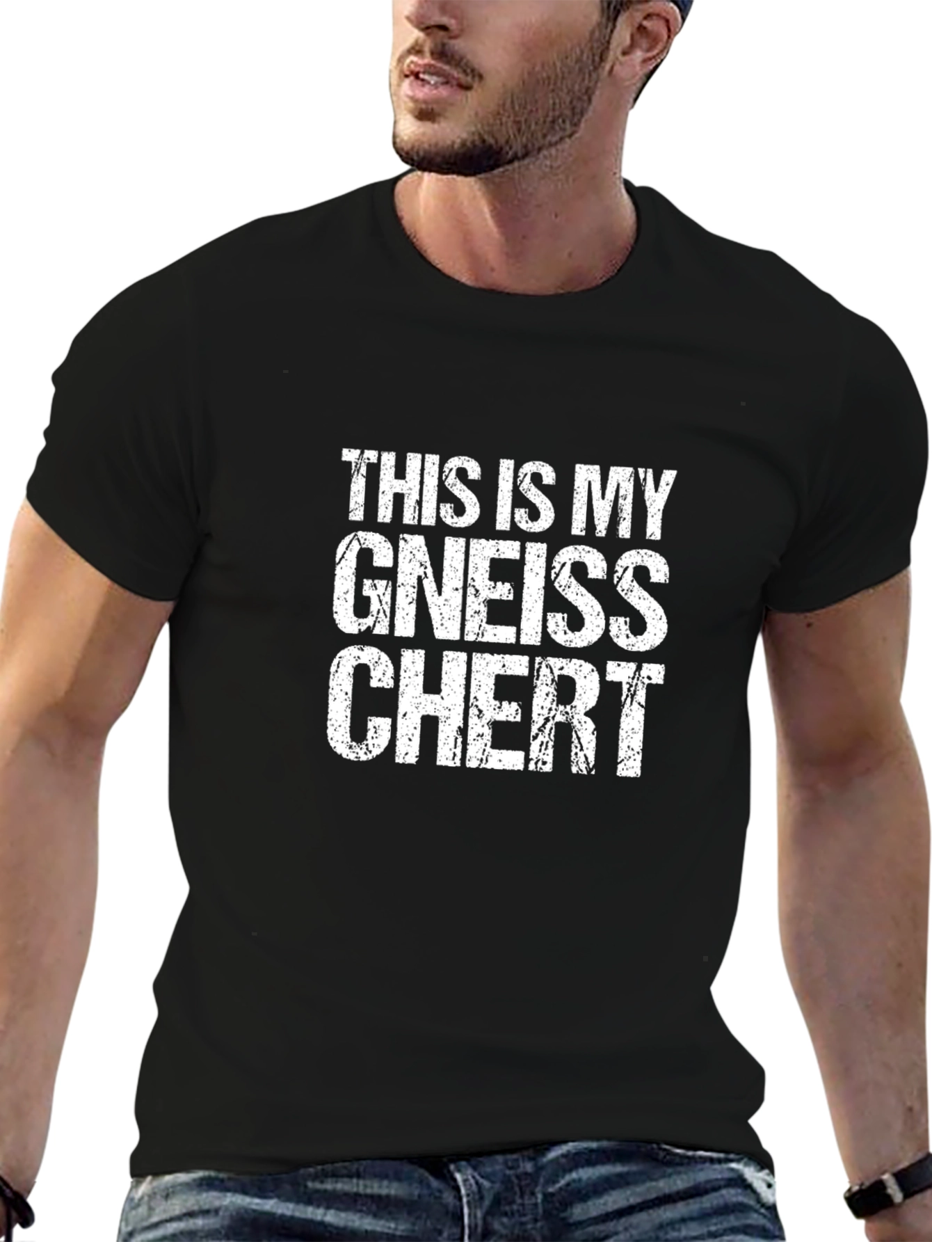 Black Geology Humor T-Shirt - This Is My Gneiss Chert view 6