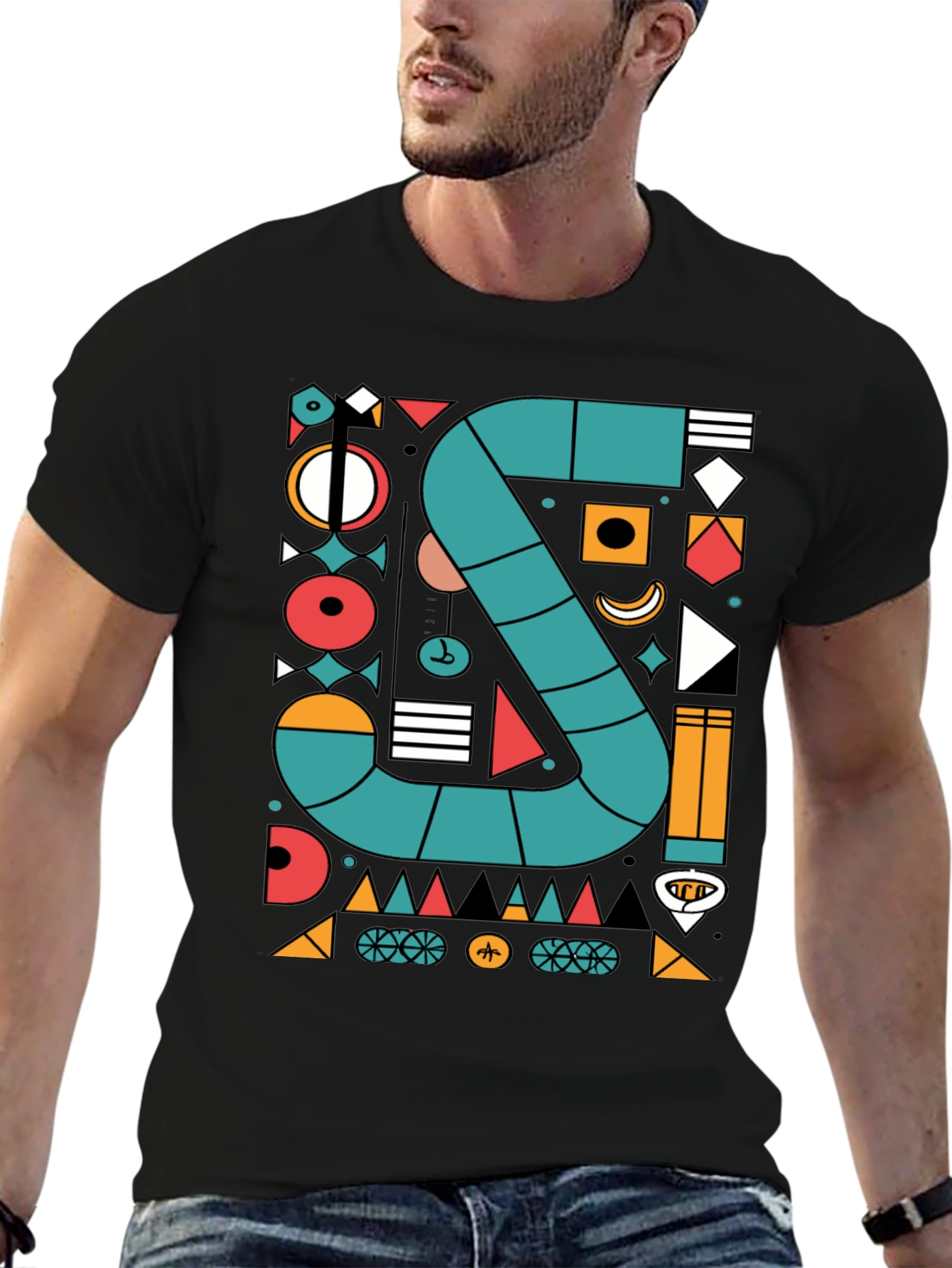 Black Geometric S Design T-Shirt - Modern Art Tee view 6