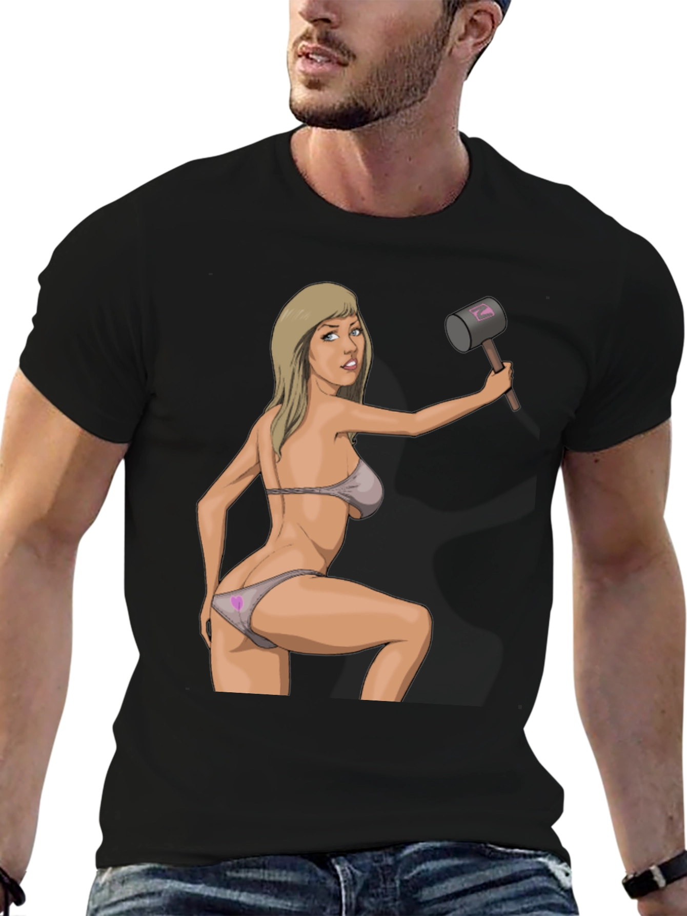Black Humorous Graphic Tee - Sexy Woman with Hammer view 6