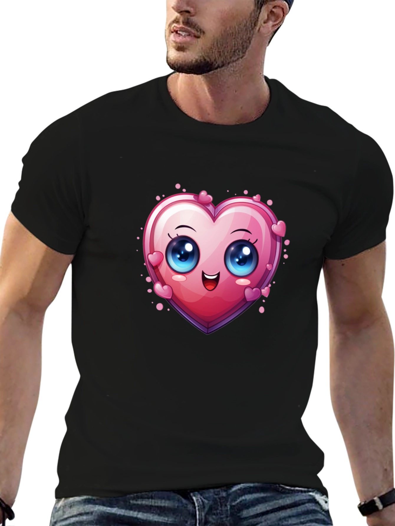 Black Cute Cartoon Heart Graphic T-Shirt view 6