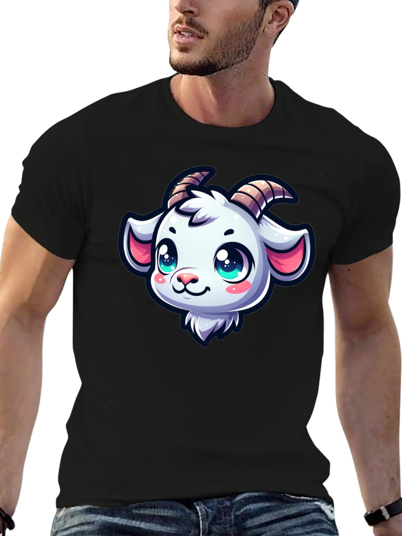 Black Goat Head Cartoon Black T-Shirt view 6