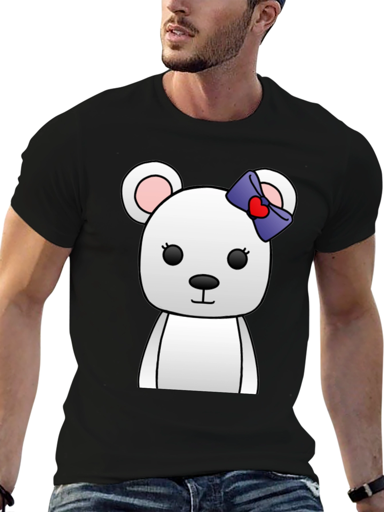 Black Cute Cartoon Bear T-Shirt - Unisex Black Tee view 6