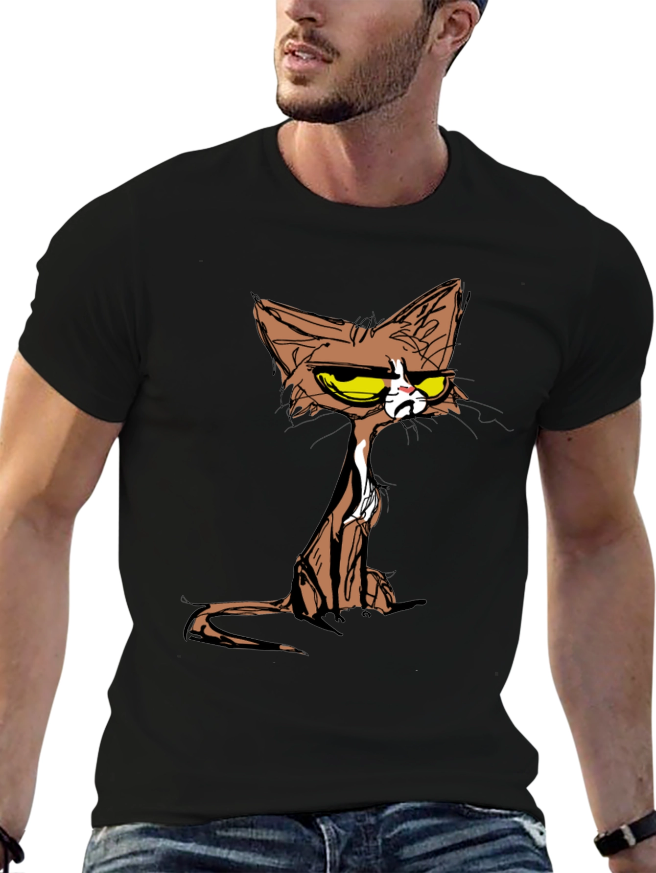 Black Grumpy Cat T-Shirt - Cartoon Style Tee view 6