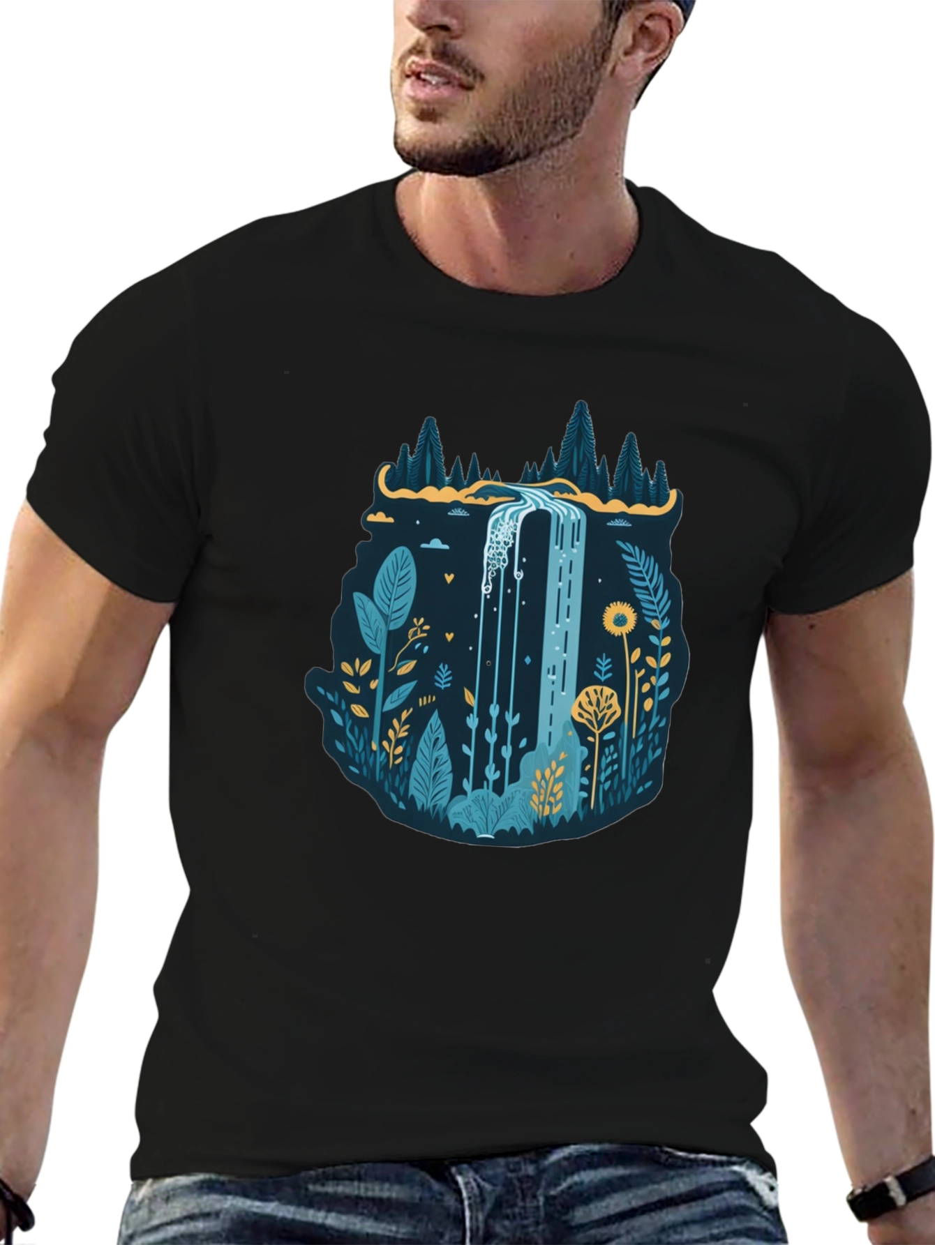 Black Nature Waterfall Graphic Black T-Shirt view 6