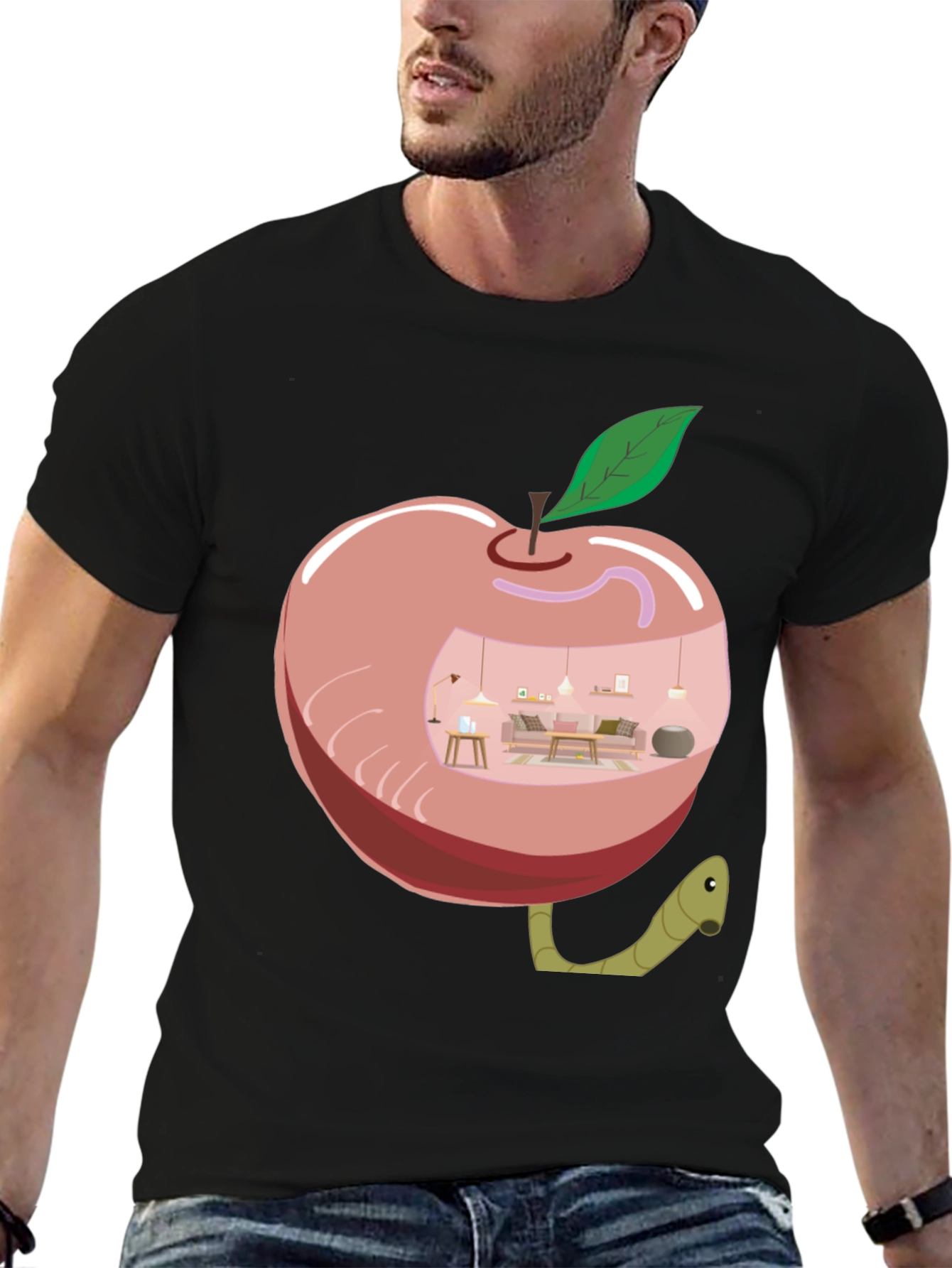 Black Apple Home Worm Tee - Unique Graphic T-Shirt view 6