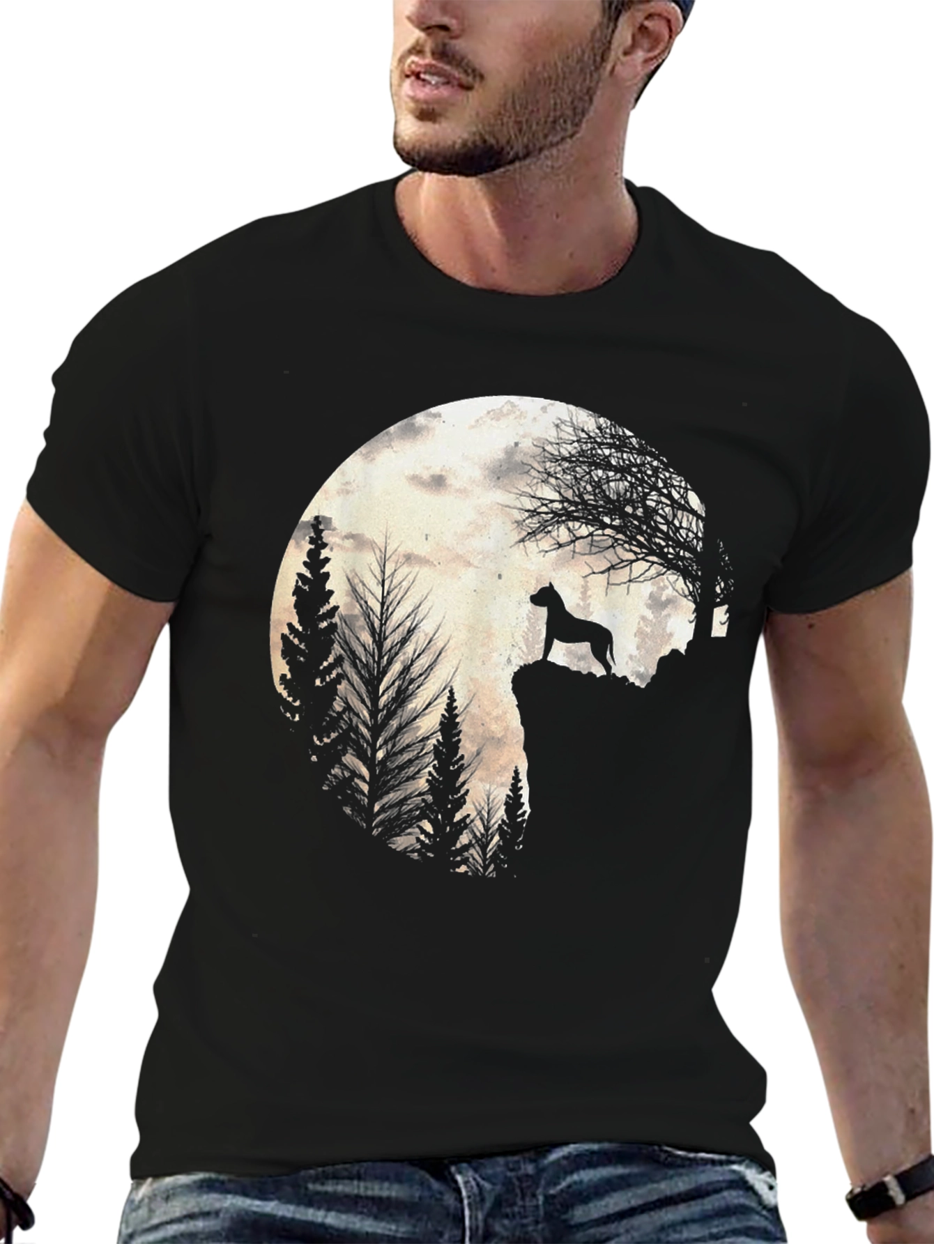 Black Dog Silhouette Moon Graphic Tee - Black view 6