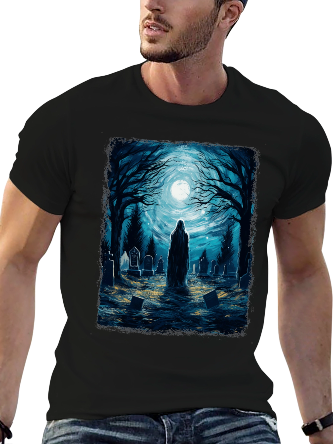 Black Ghostly Graveyard Tee - Spooky T-Shirt view 6