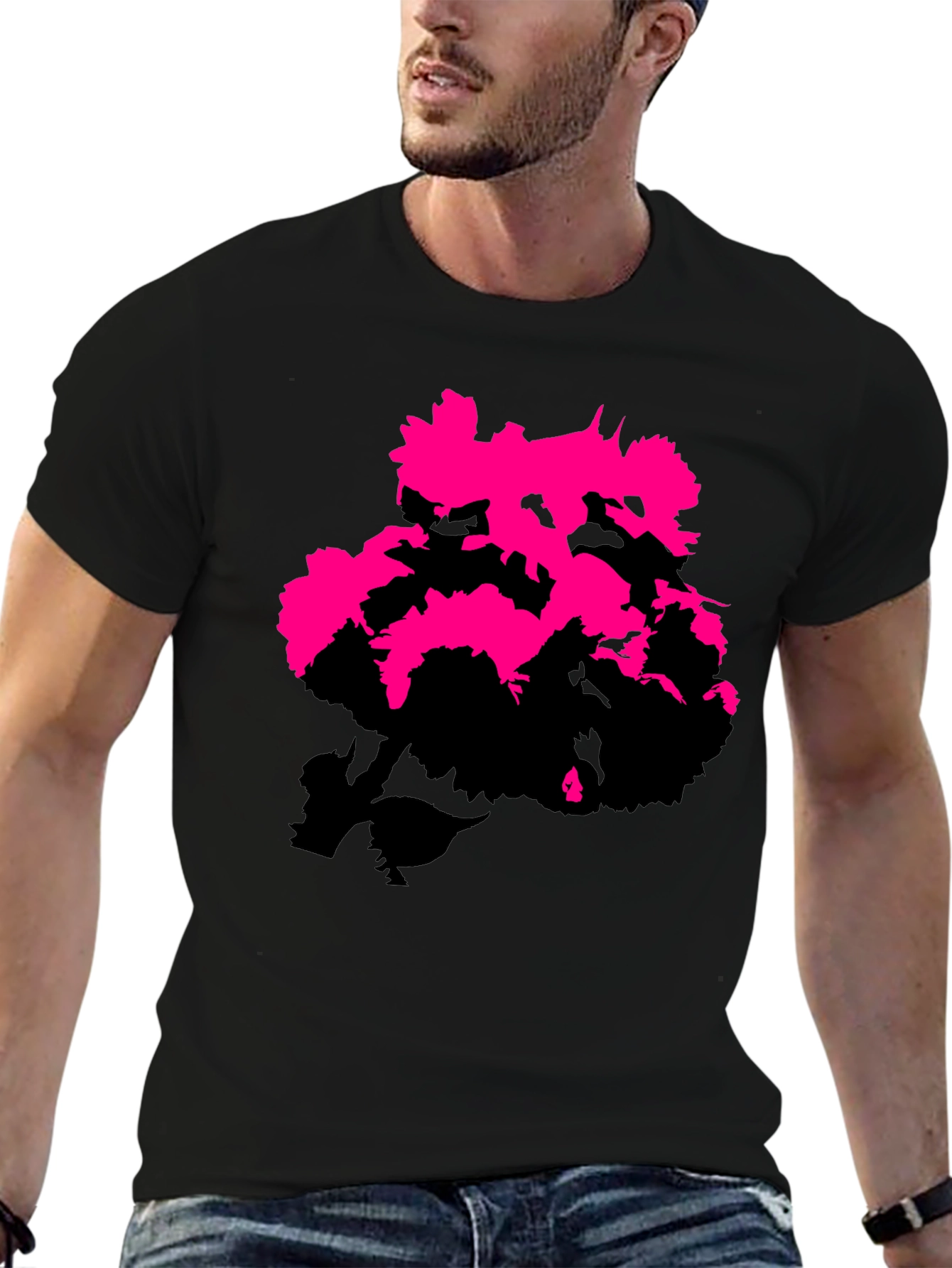 Black Modern Pink Floral Graphic Print Black T-Shirt view 6