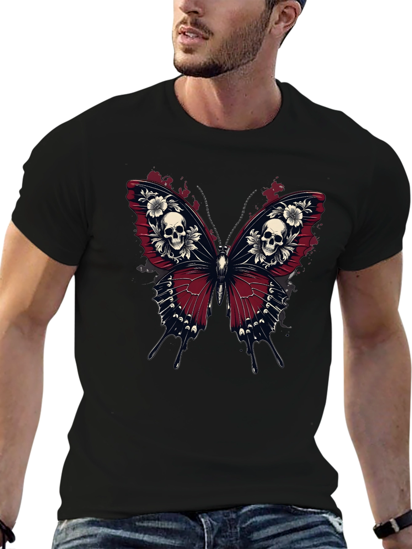 Black Skull Butterfly Graphic Tee - Gothic Style Black T-Shirt view 6