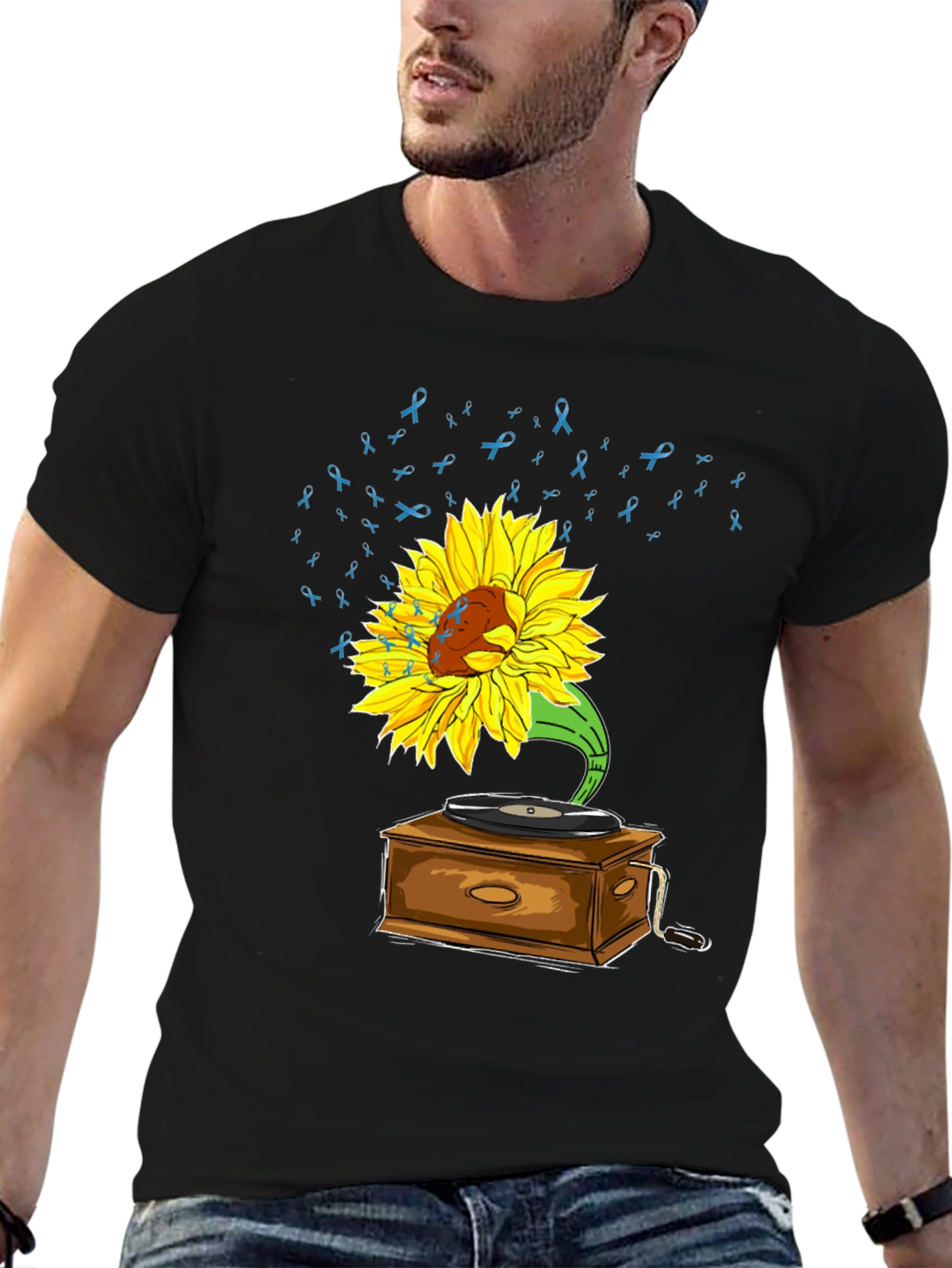 Black Sunflower Gramophone Tee - Awareness Ribbon Music Shirt view 6