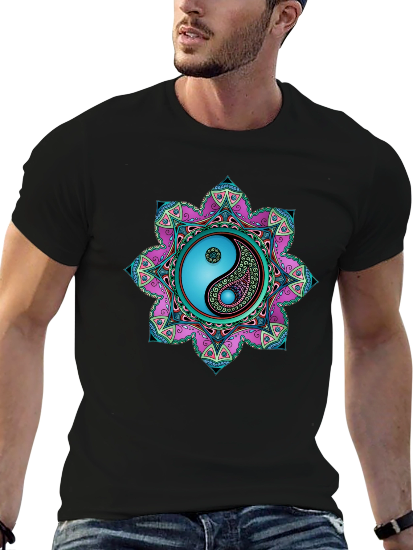 Black Yin Yang Mandala Graphic Tee - Black T-Shirt view 6