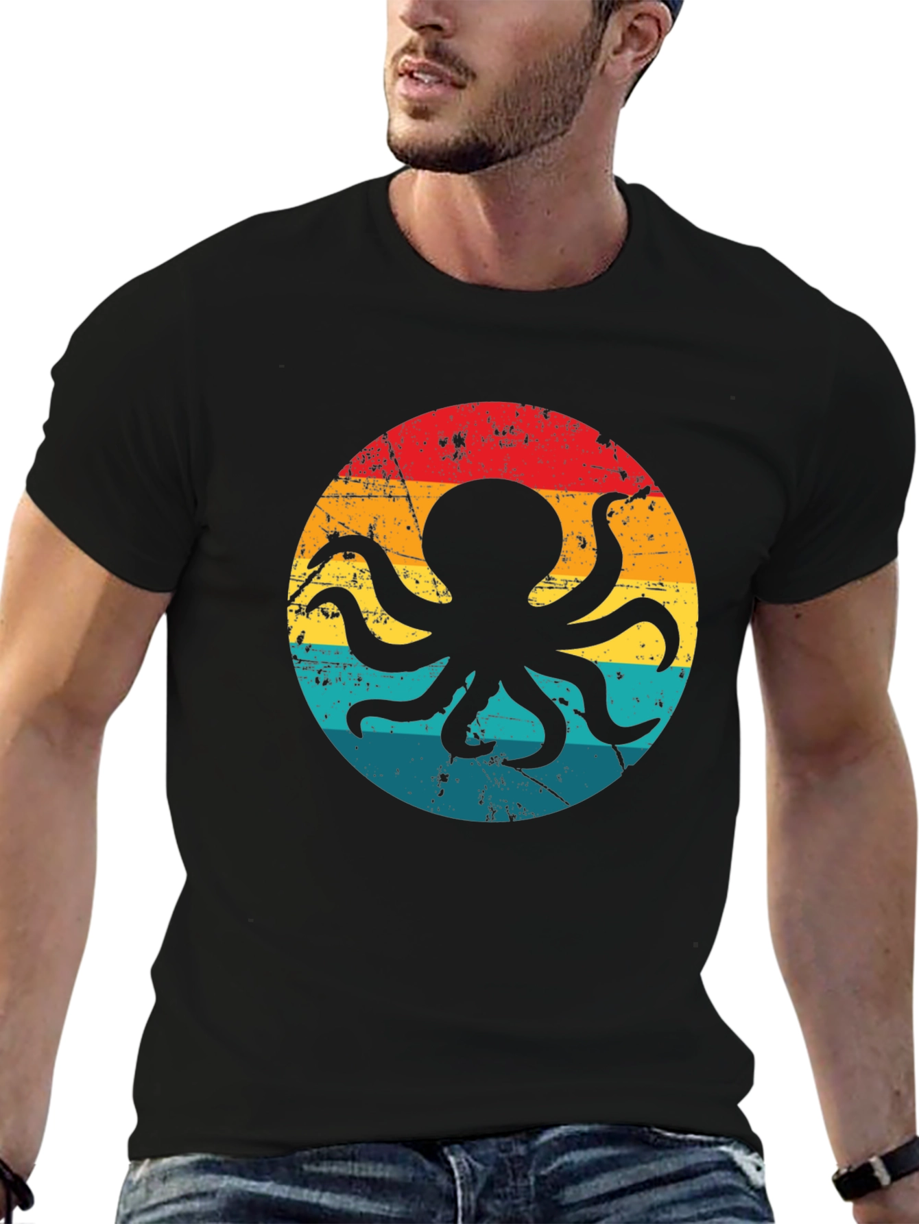 Black Retro Octopus Graphic T-Shirt - Black Cotton Blend view 6