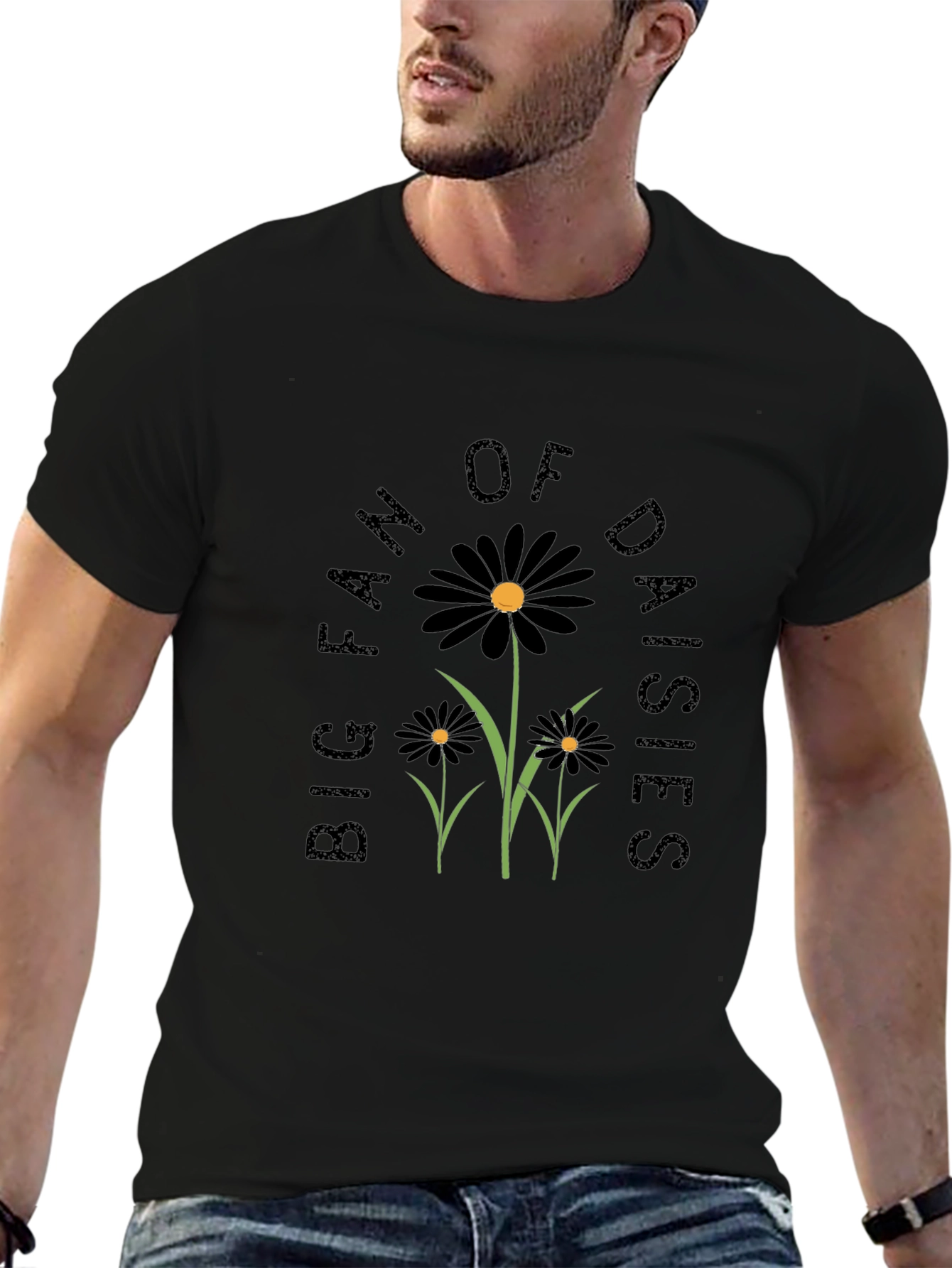 Black Big Fan of Daisies Black Graphic T-Shirt view 6
