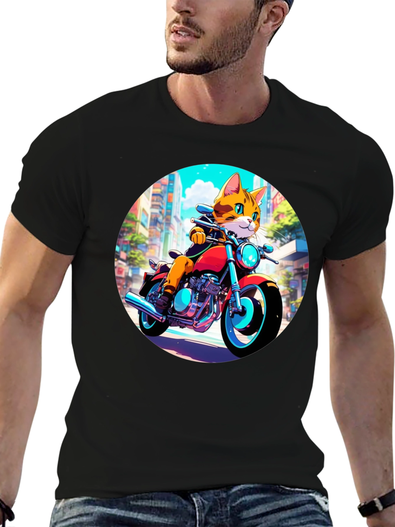 Black Cool Cat Motorcycle Rider Graphic T-Shirt view 6