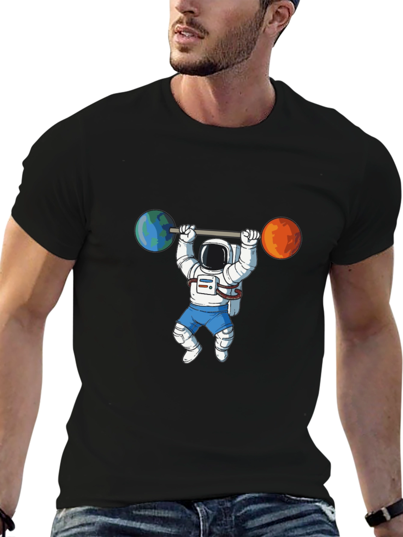 Black Astronaut Lifting Planets Graphic Tee view 6