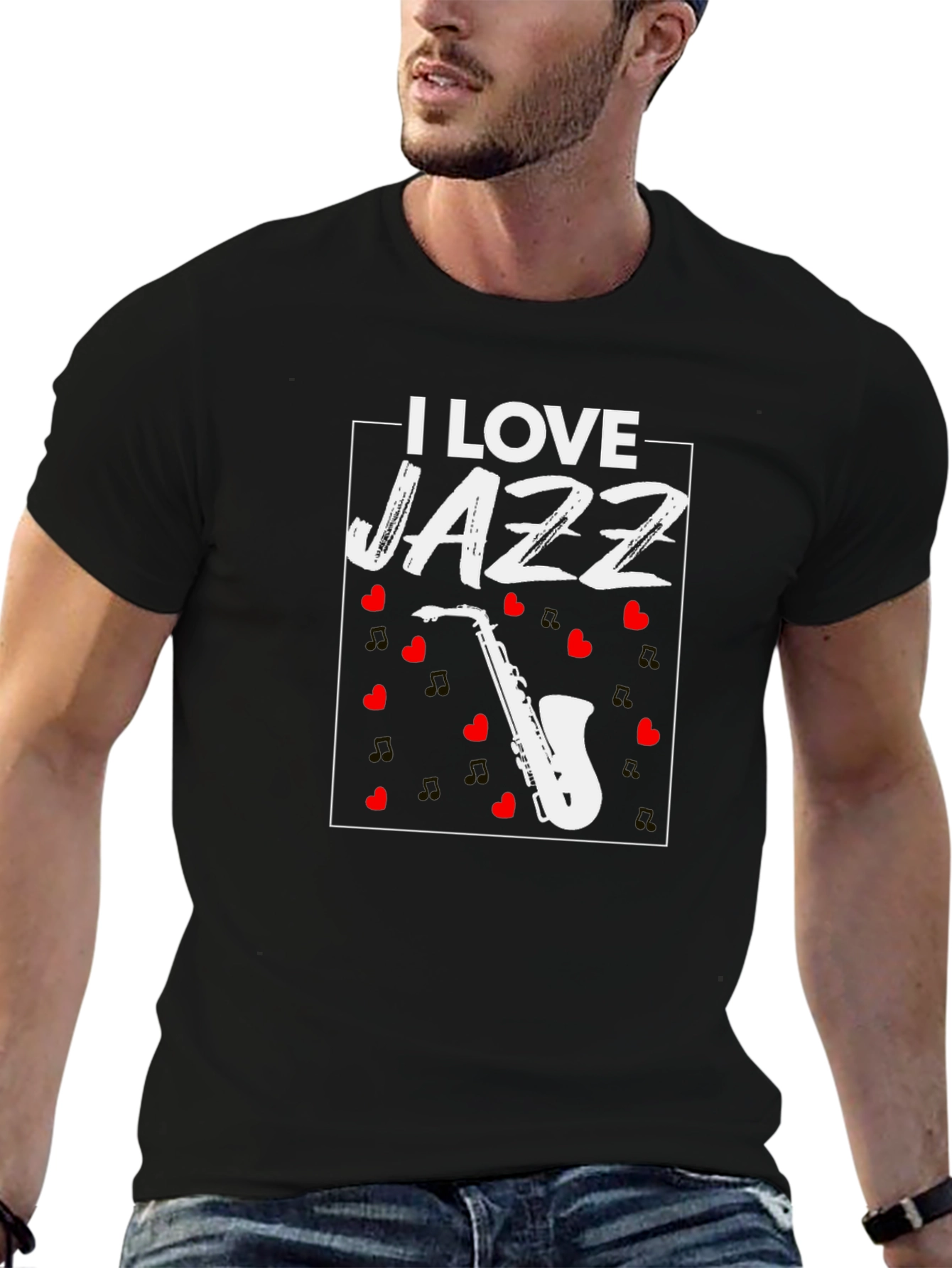 Black I Love Jazz Saxophone Graphic T-Shirt view 6