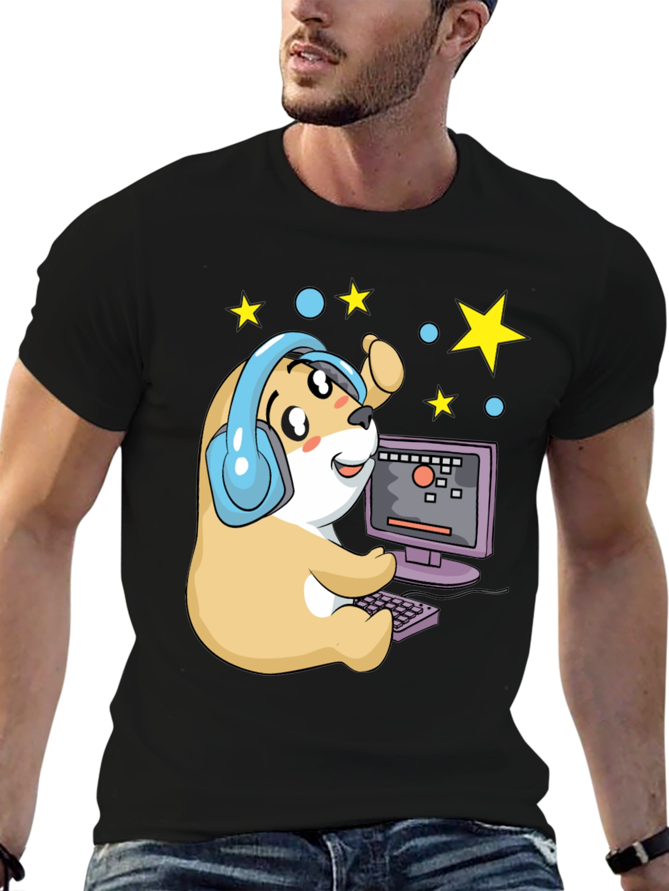 Black Gamer Hamster T-Shirt - Cute Cartoon Graphic Tee view 6