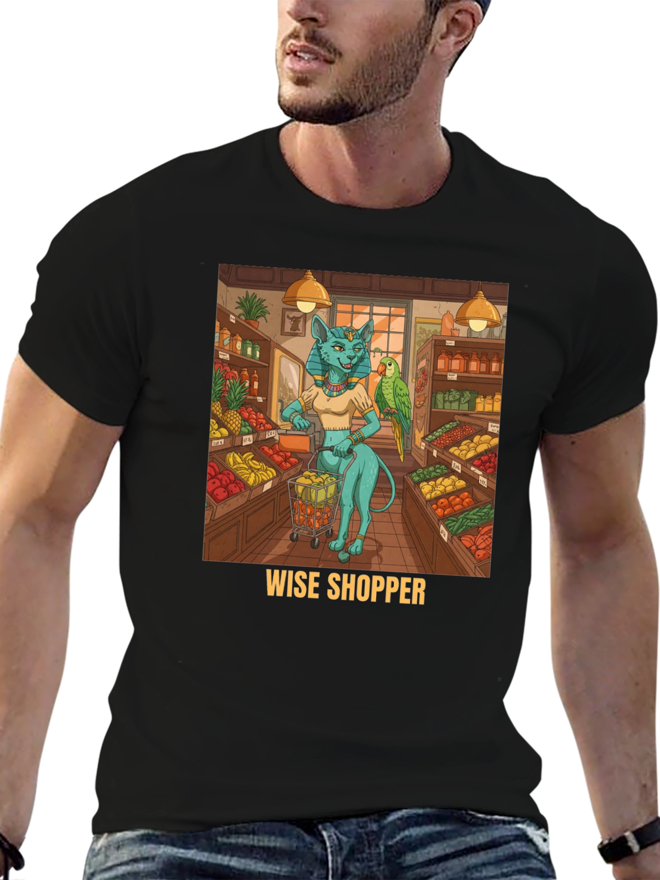 Black Wise Shopper T-Shirt, Cat Goddess, Fruit Market view 6