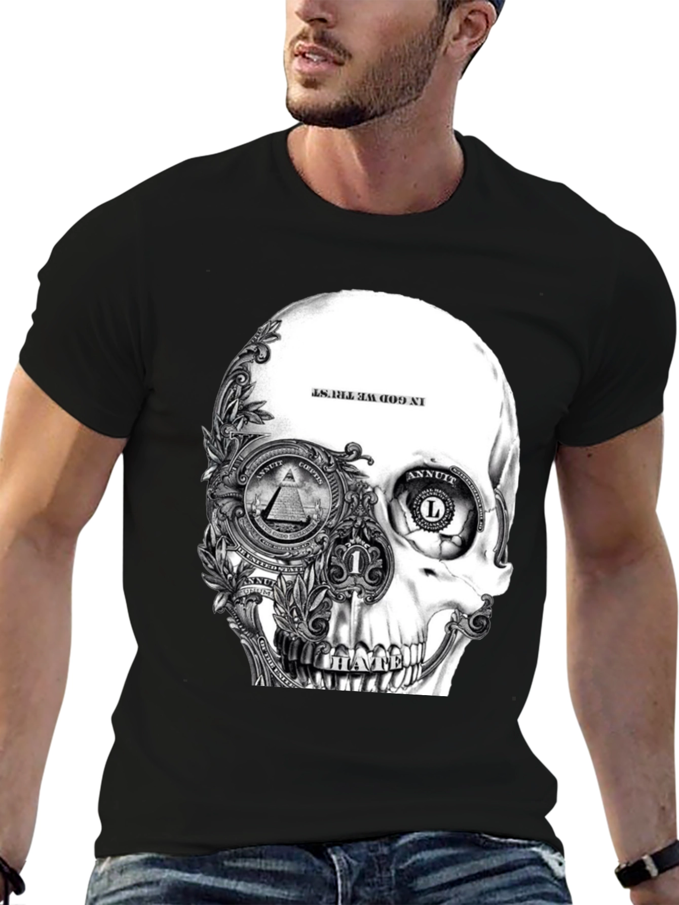 Black Skull & Money Graphic Print T-Shirt - Black view 6