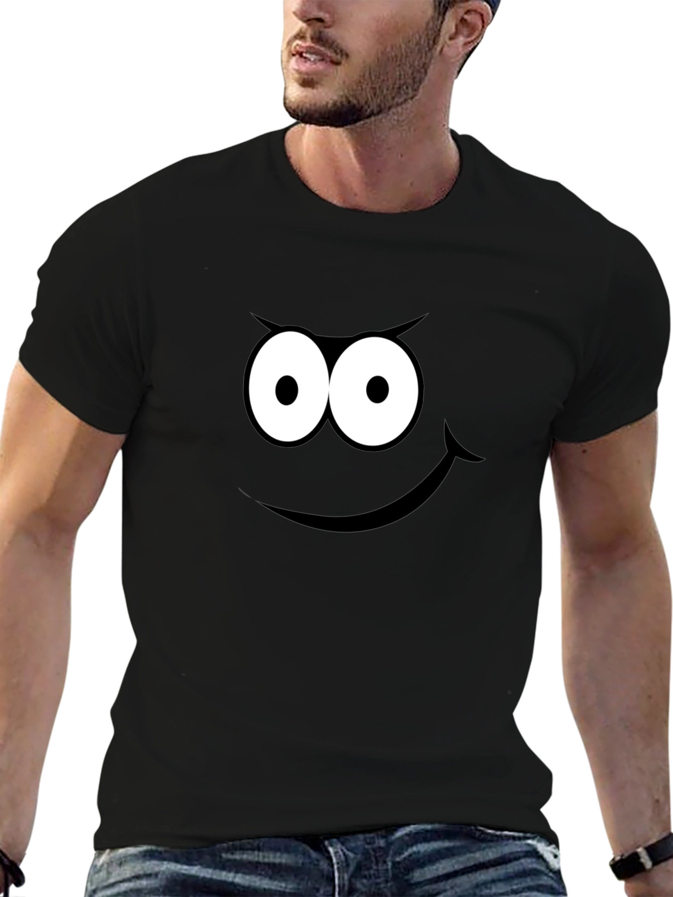 Black Funny Cartoon Face Black T-Shirt view 6