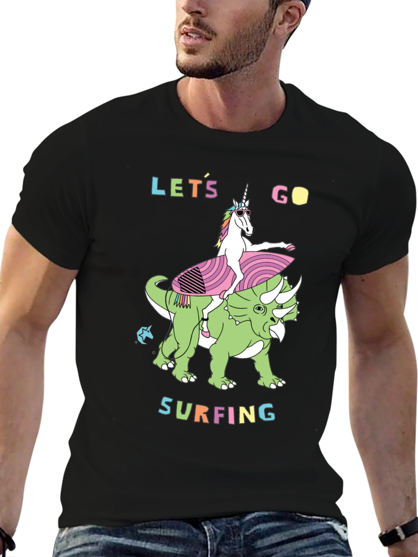 Black Unicorn Riding Dinosaur Graphic Tee - Let's Go Surfing view 6