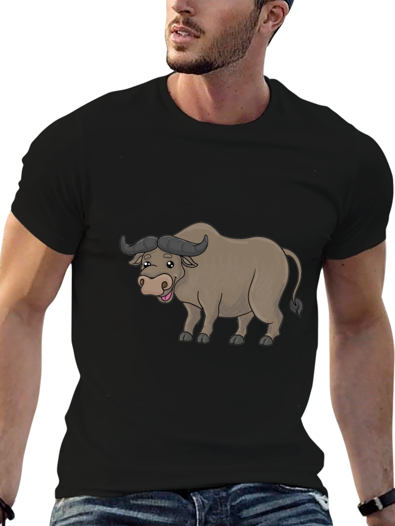 Black Funny Buffalo Cartoon Black T-Shirt view 6