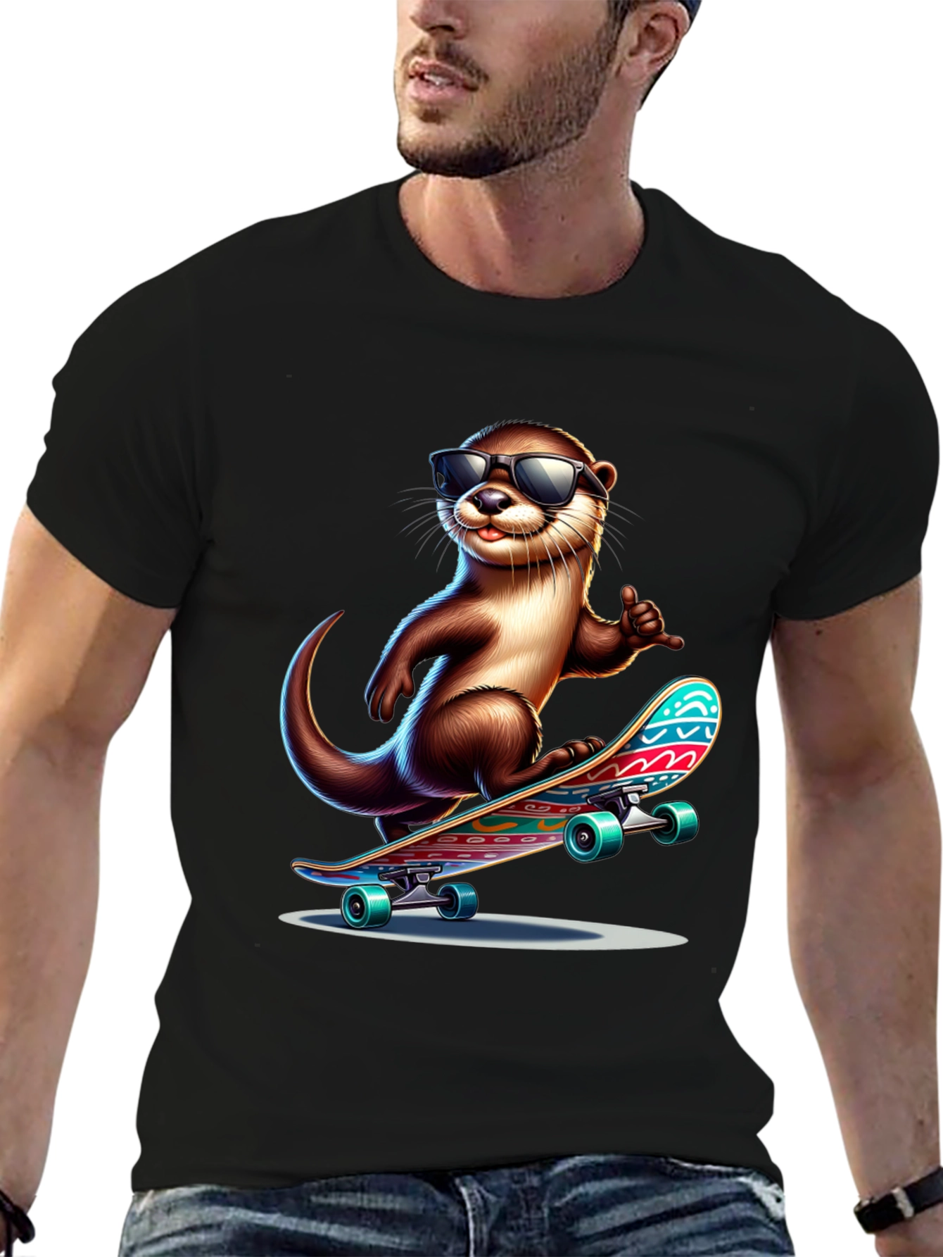 Black Cool Otter Skateboard T-Shirt - Black Cotton Tee view 6