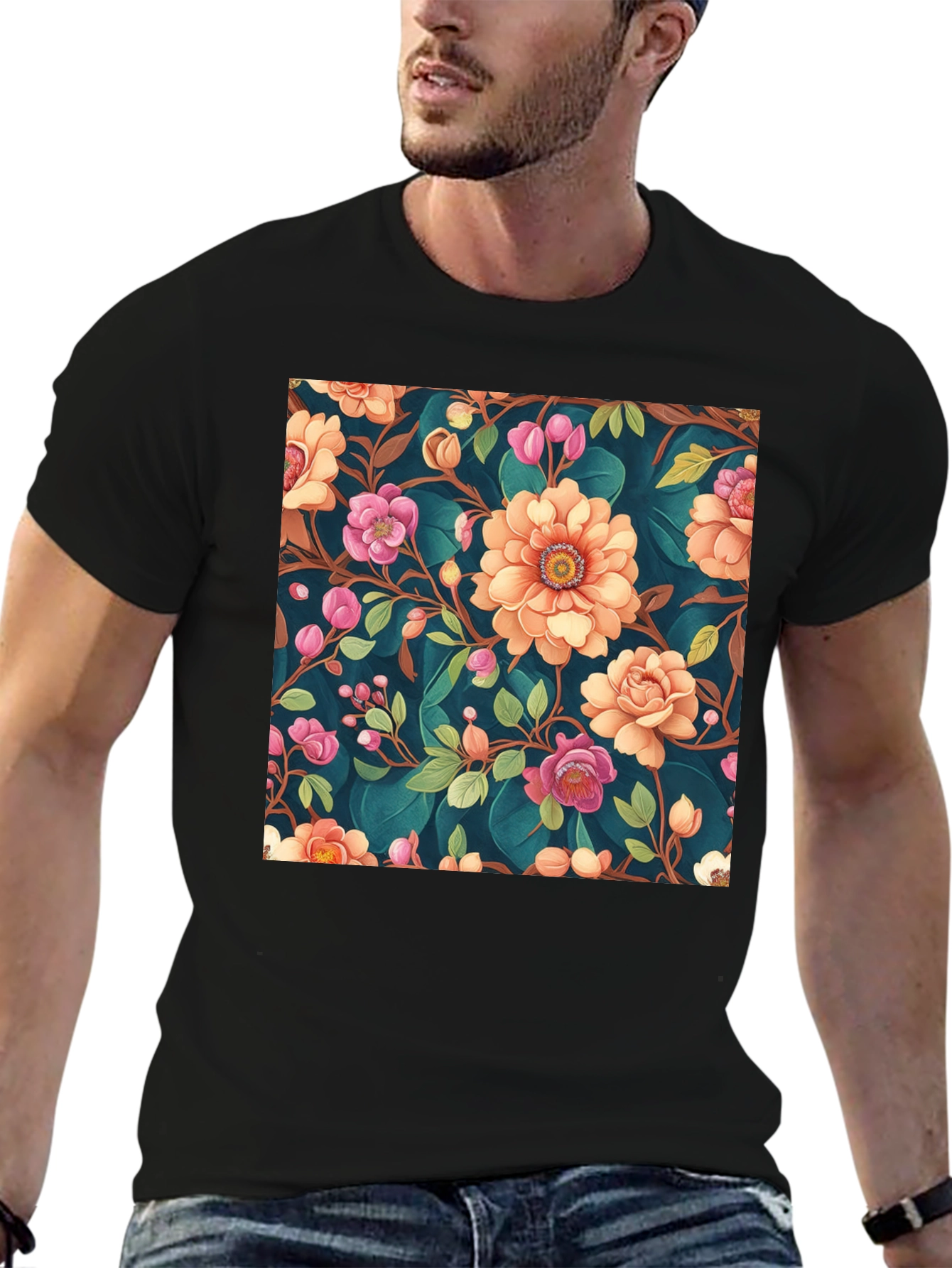Black Floral Pattern Black T-Shirt: Stylish Print Tee view 6