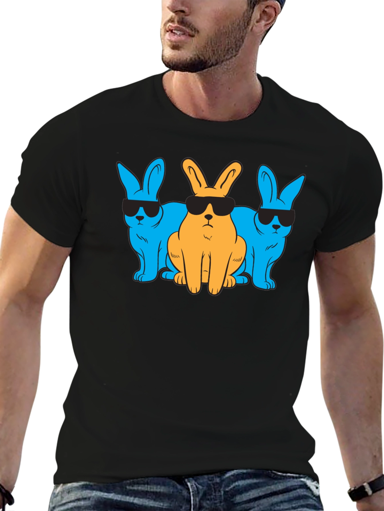 Black Cool Rabbits Graphic T-Shirt - Black Cotton Tee view 6