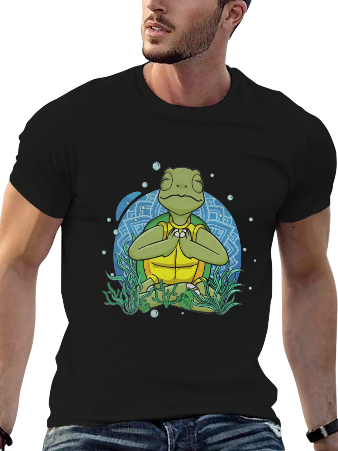 Black Meditating Sea Turtle Men's Graphic T-Shirt view 6