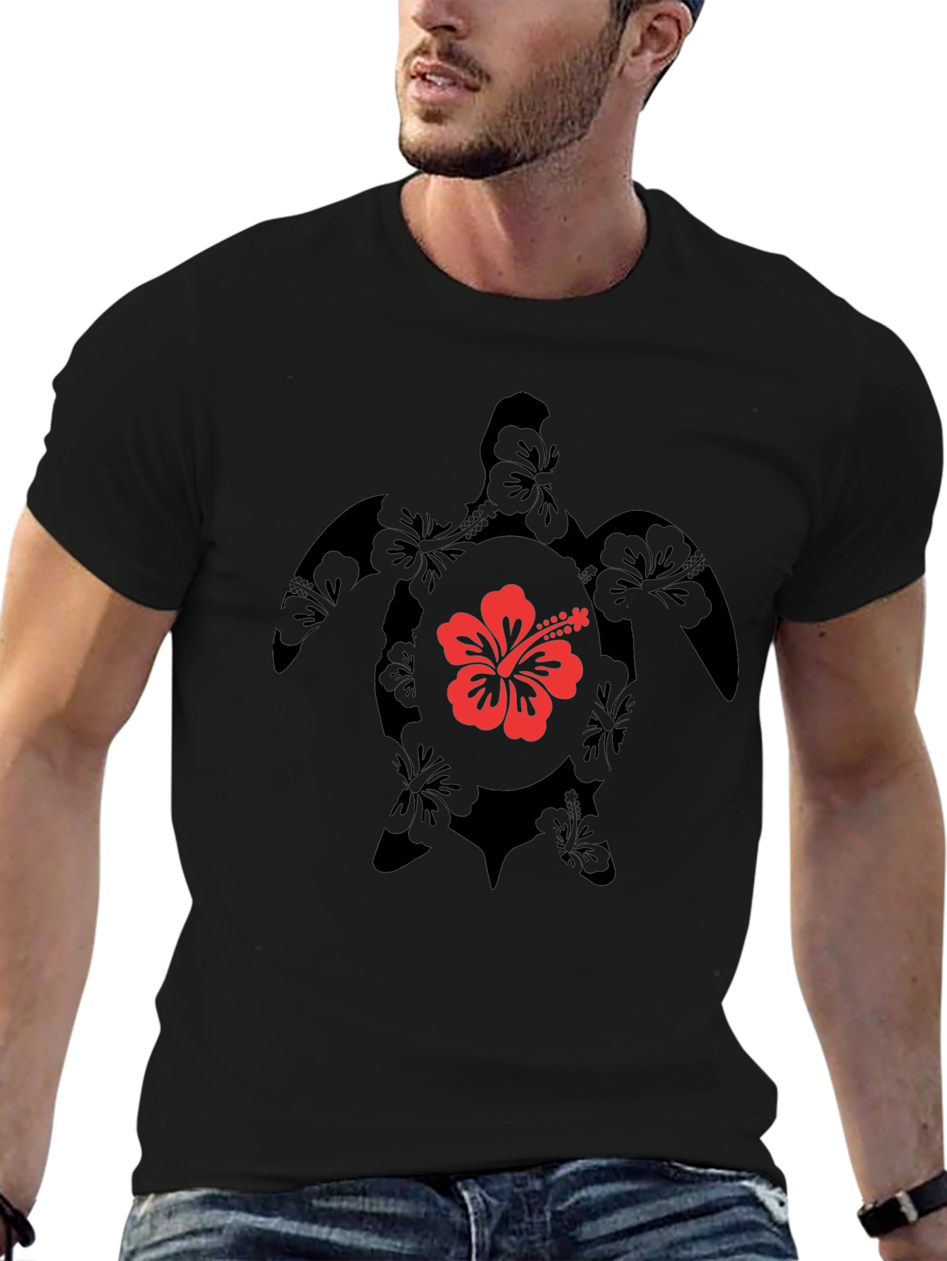 Black Hibiscus Turtle Graphic Tee - Black view 6
