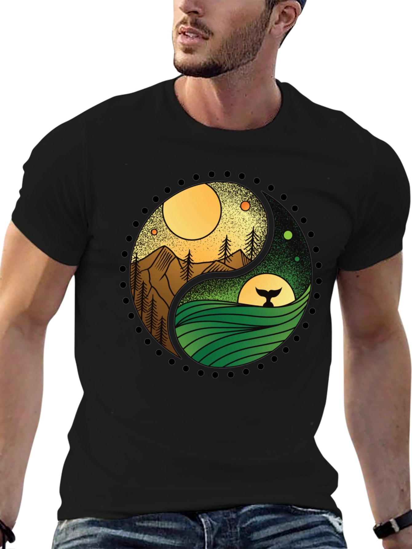 Black Yin Yang Nature T-Shirt - Mountain & Ocean Design view 6