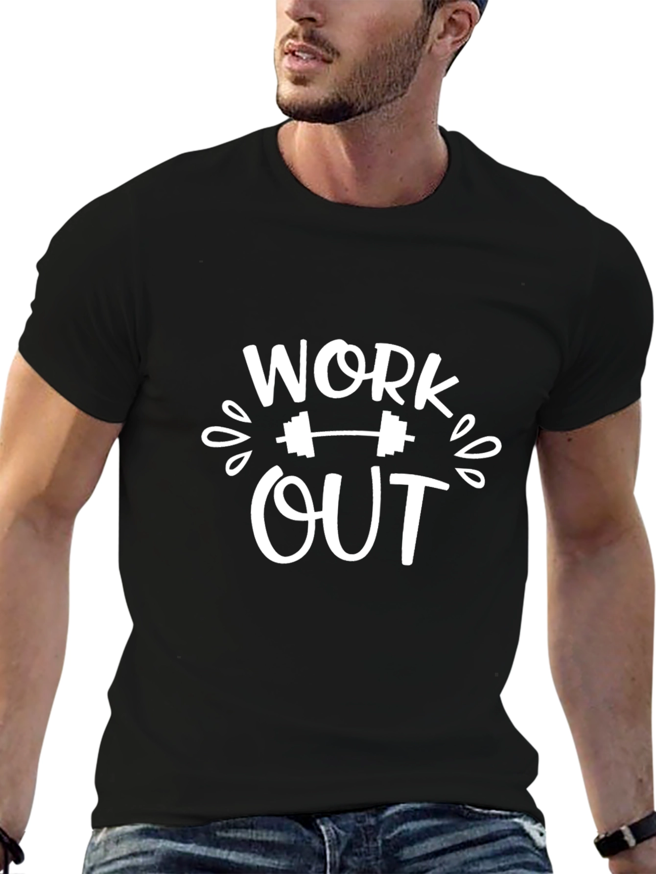 Black Men's Black T-Shirt - Work Out Design view 6