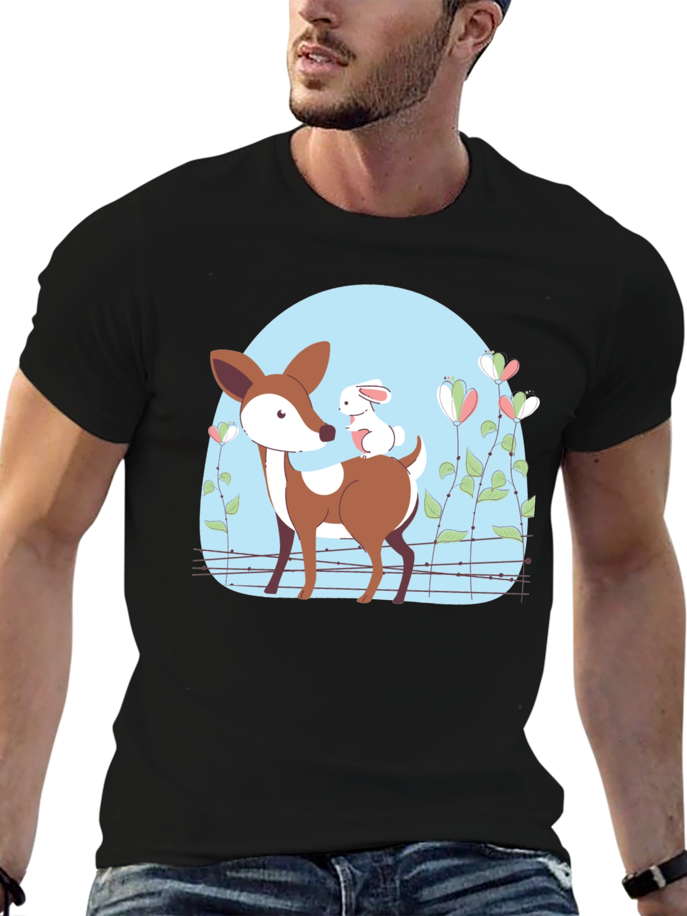 Black Cute Deer & Rabbit Graphic Black T-Shirt view 6