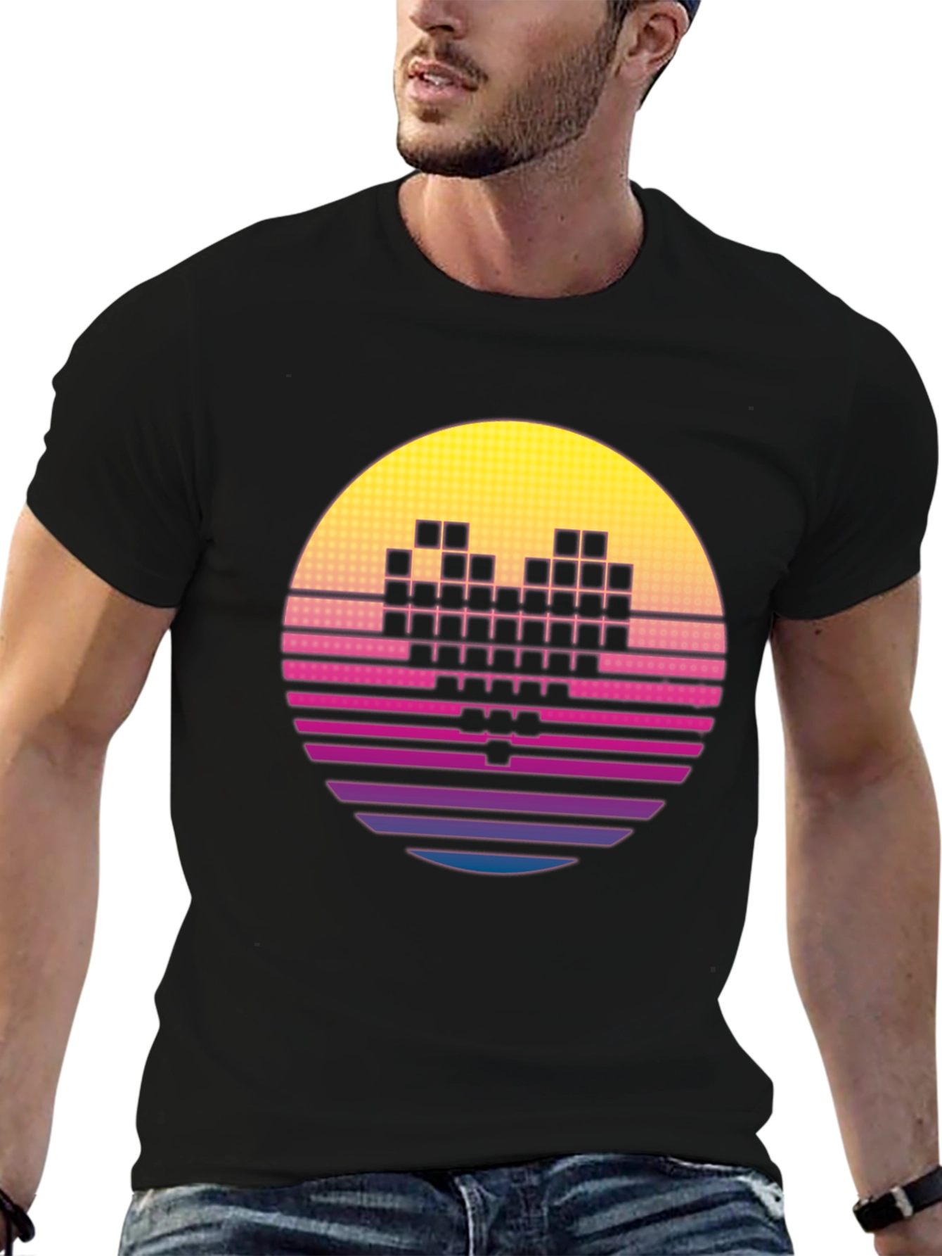 Black Retro Pixel Heart T-Shirt - Synthwave Style view 6