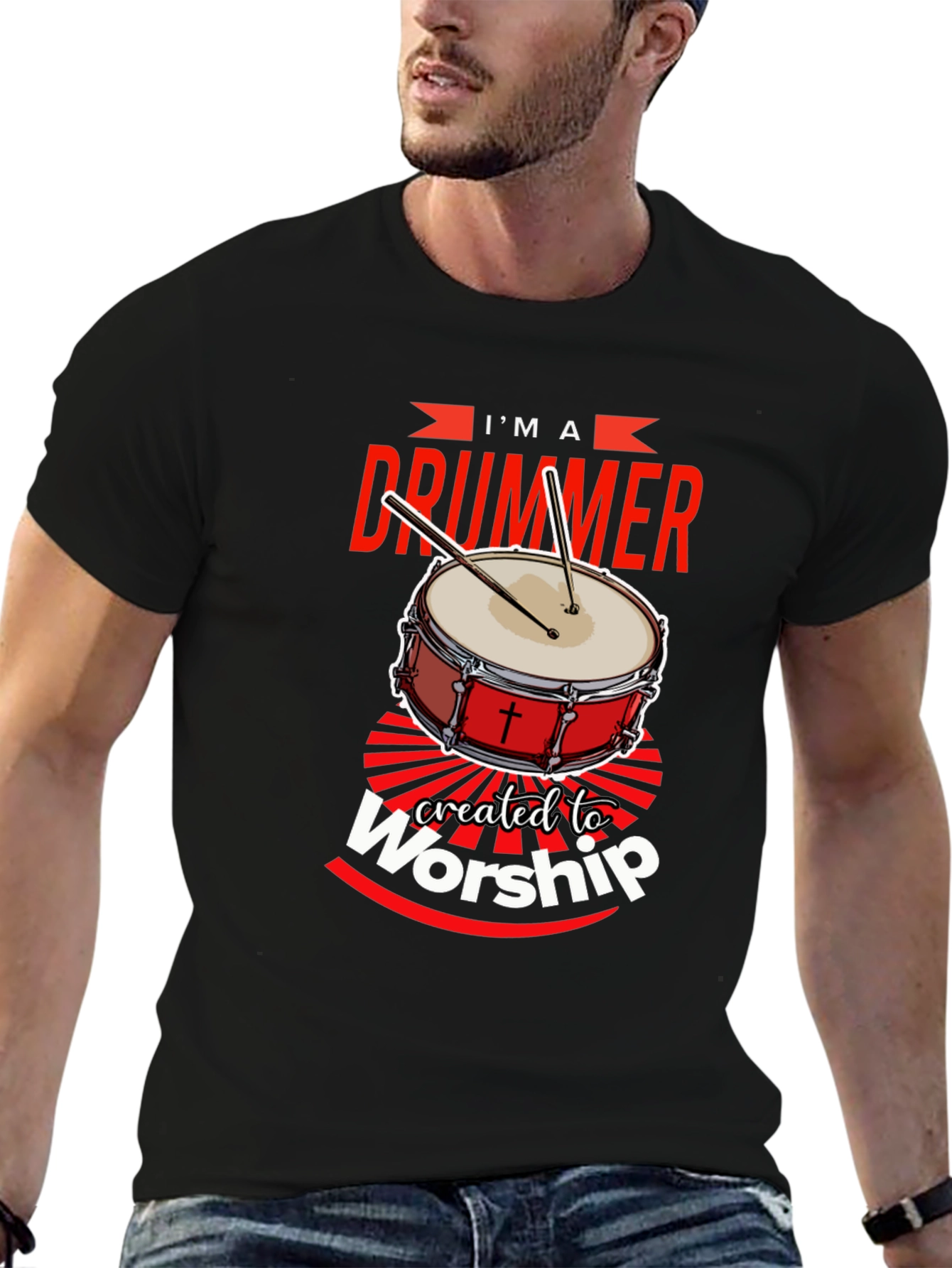 Black I'm A Drummer Created To Worship T-Shirt view 6