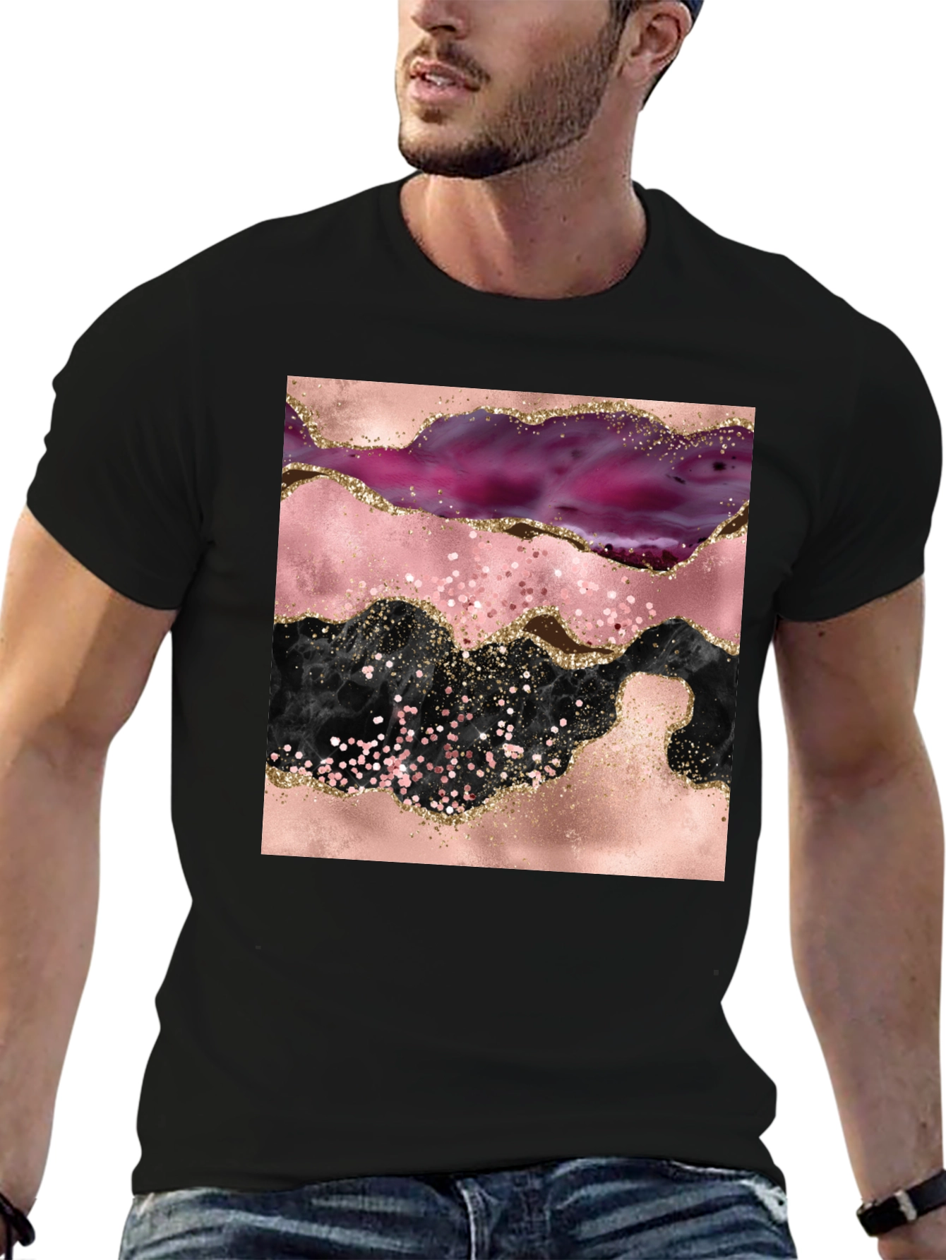 Black Abstract Geode Print Black Crew Neck T-Shirt view 6