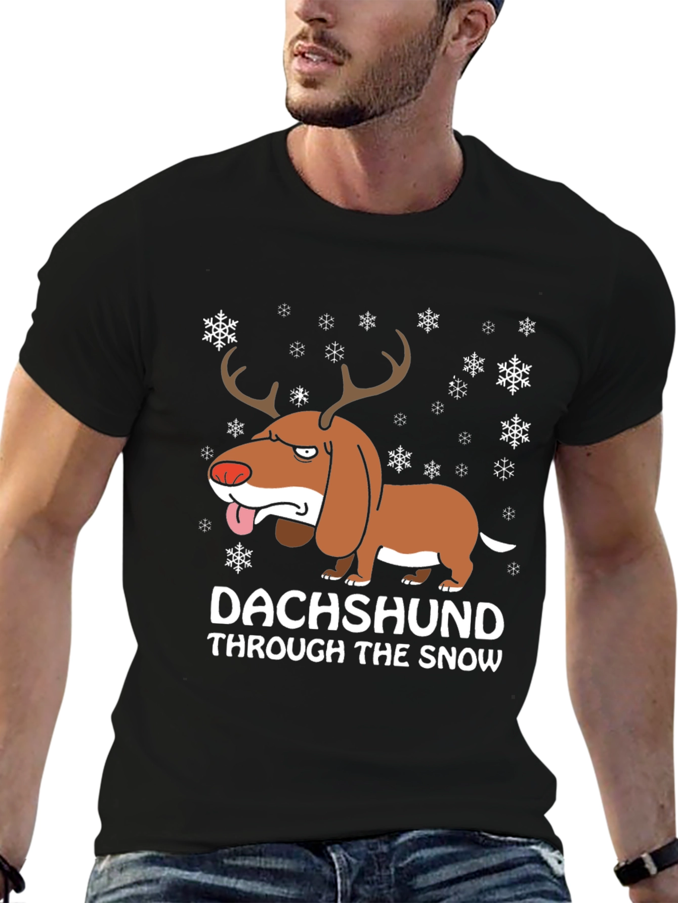 Black Dachshund Through the Snow Holiday T-Shirt view 6