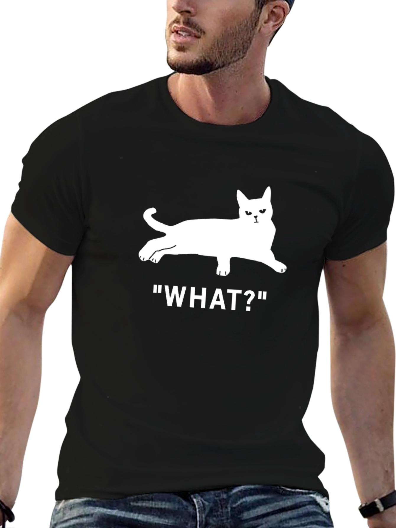 Black Cat What? T-Shirt - Unisex Black Tee view 6