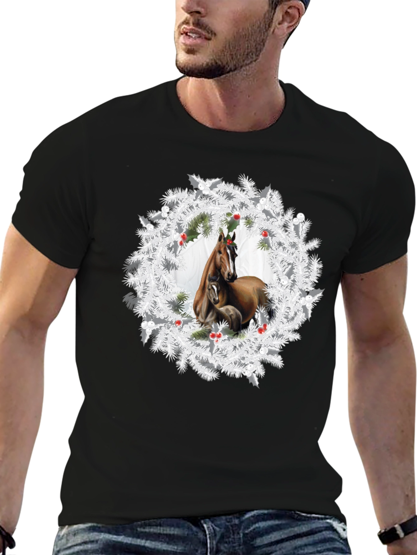 Black Horse Wreath T-Shirt - Christmas Apparel view 6