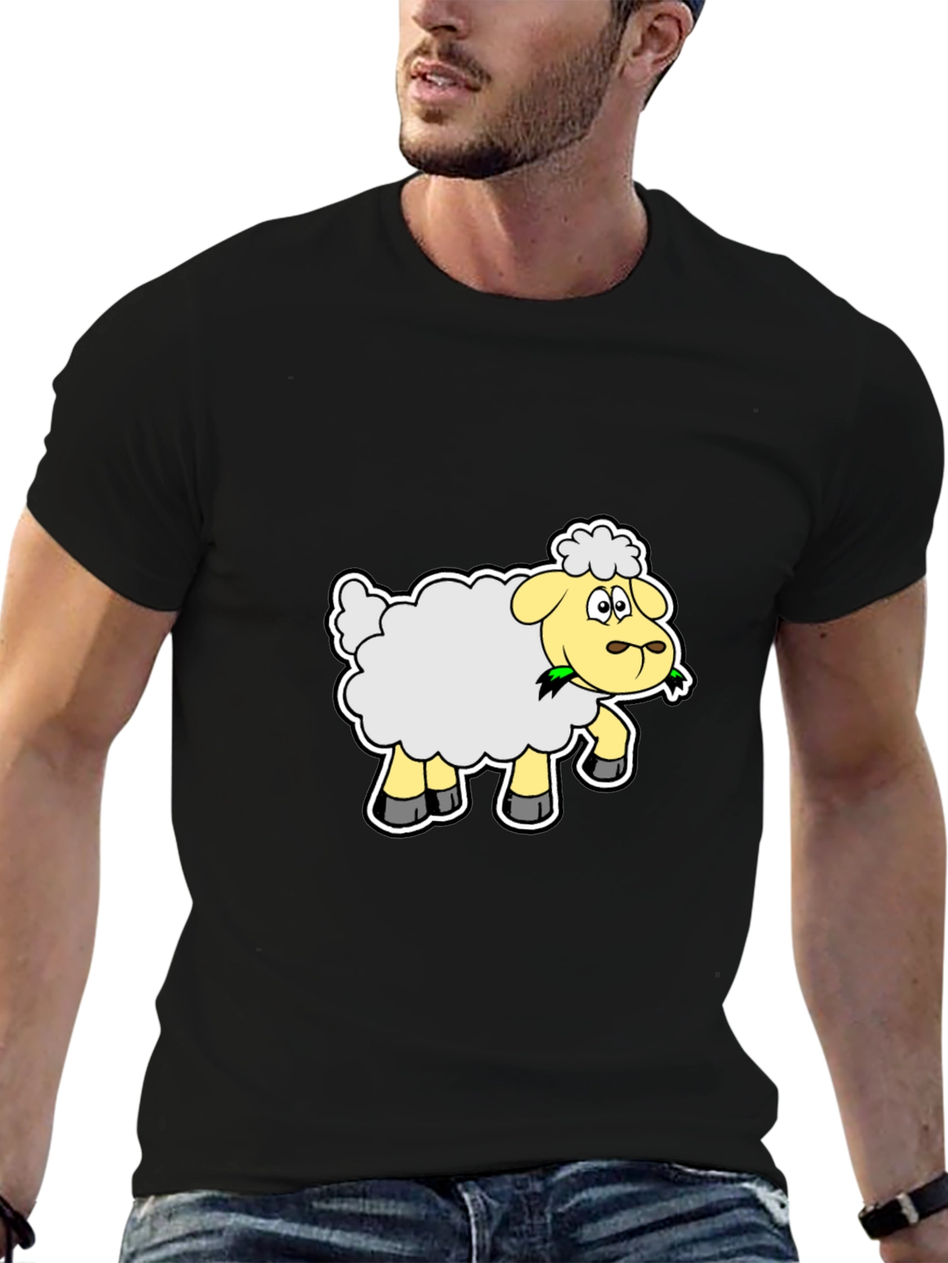 Black Cute Cartoon Sheep Graphic Tee - Black Cotton Shirt view 6