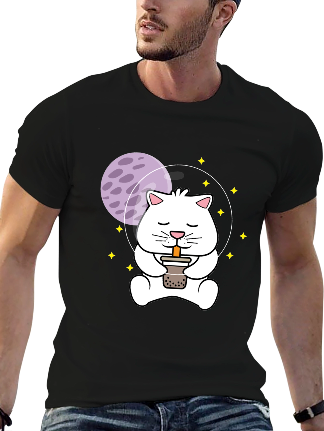Black Astronaut Cat Boba Tea Graphic T-Shirt view 6