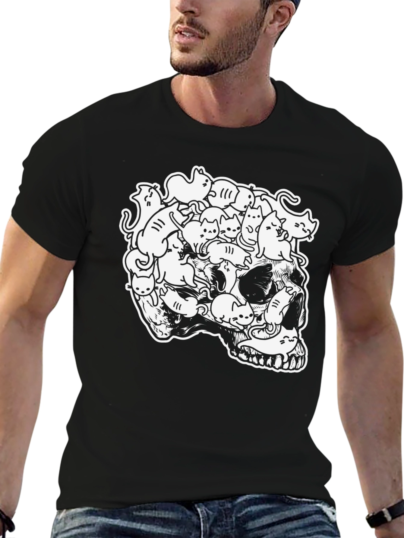 Black Skull of Cats Graphic Tee - Unique Design view 6