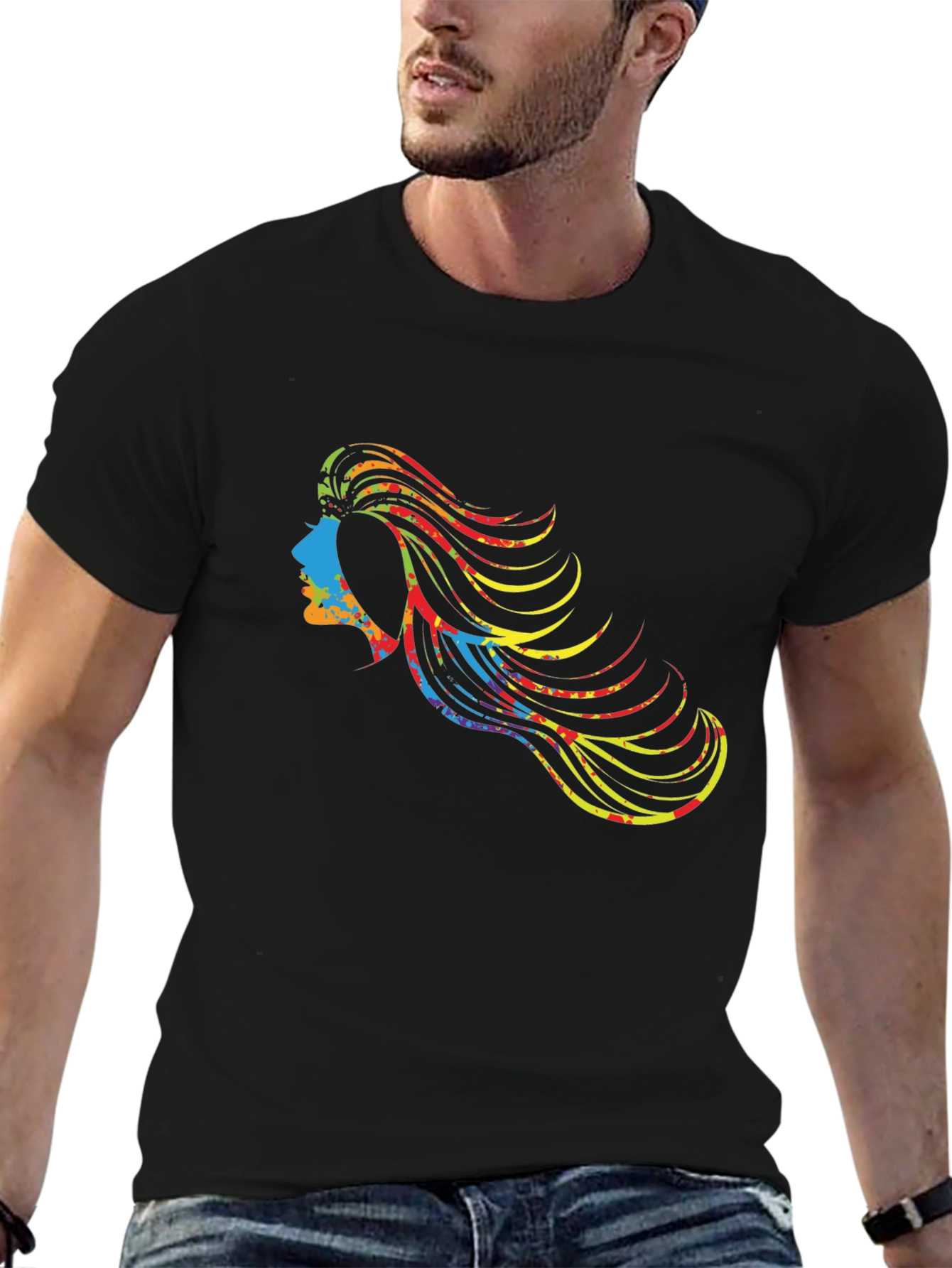 Black Colorful Haired Woman Graphic Black T-Shirt view 6