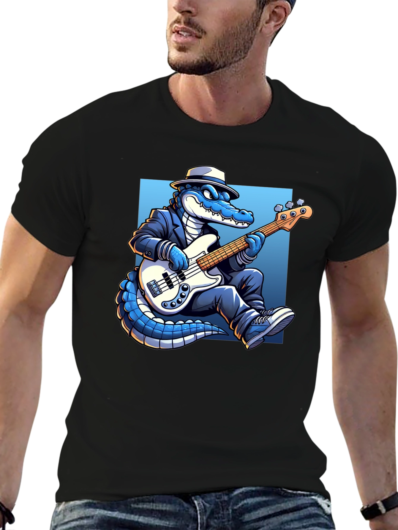 Black Cool Gator Playing Bass Guitar T-Shirt view 6