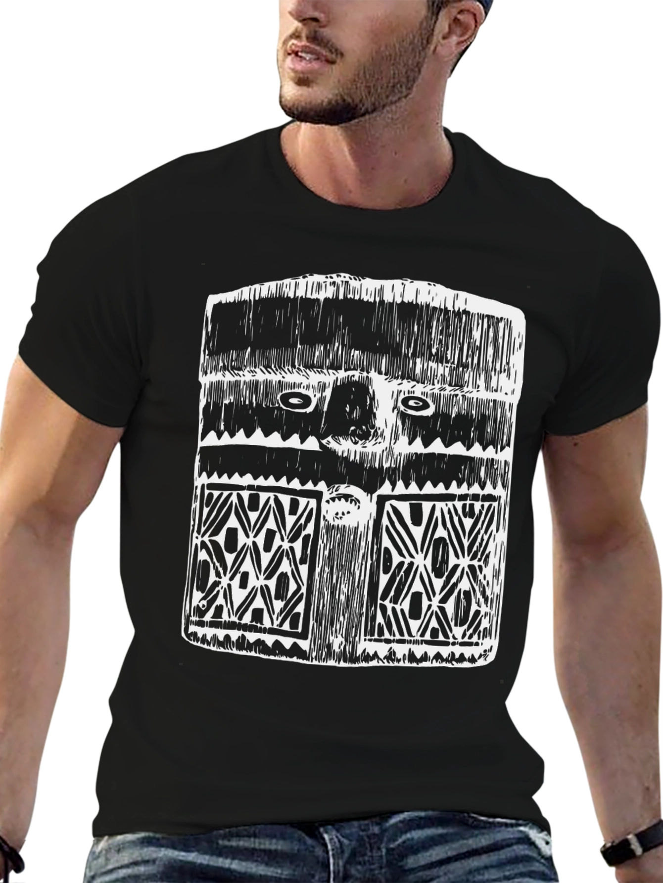 Black Tribal Mask Graphic Tee - Modern Streetwear Shirt view 6