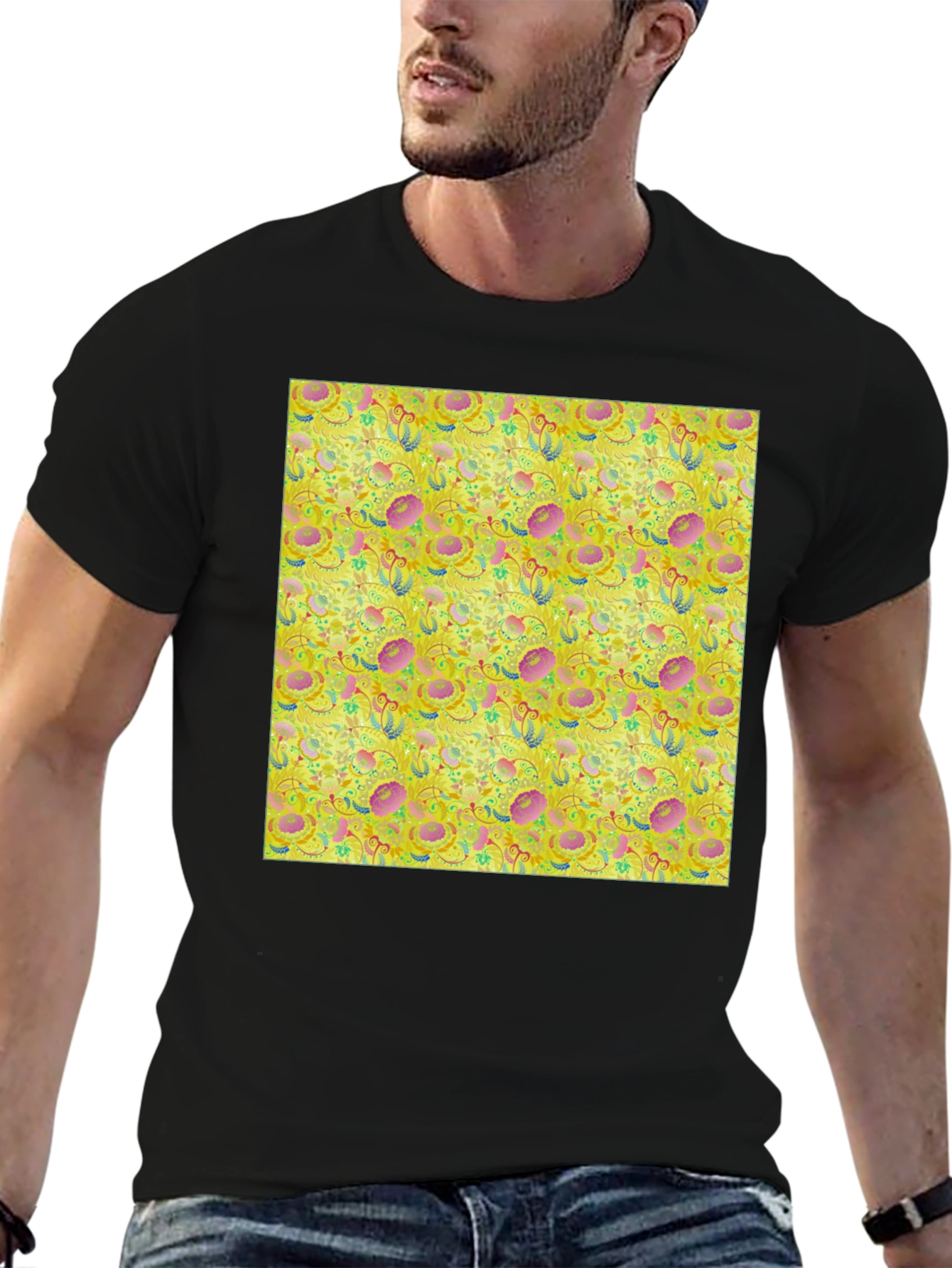 Black Floral Pattern T-Shirt - Funky Yellow Graphic Tee view 6
