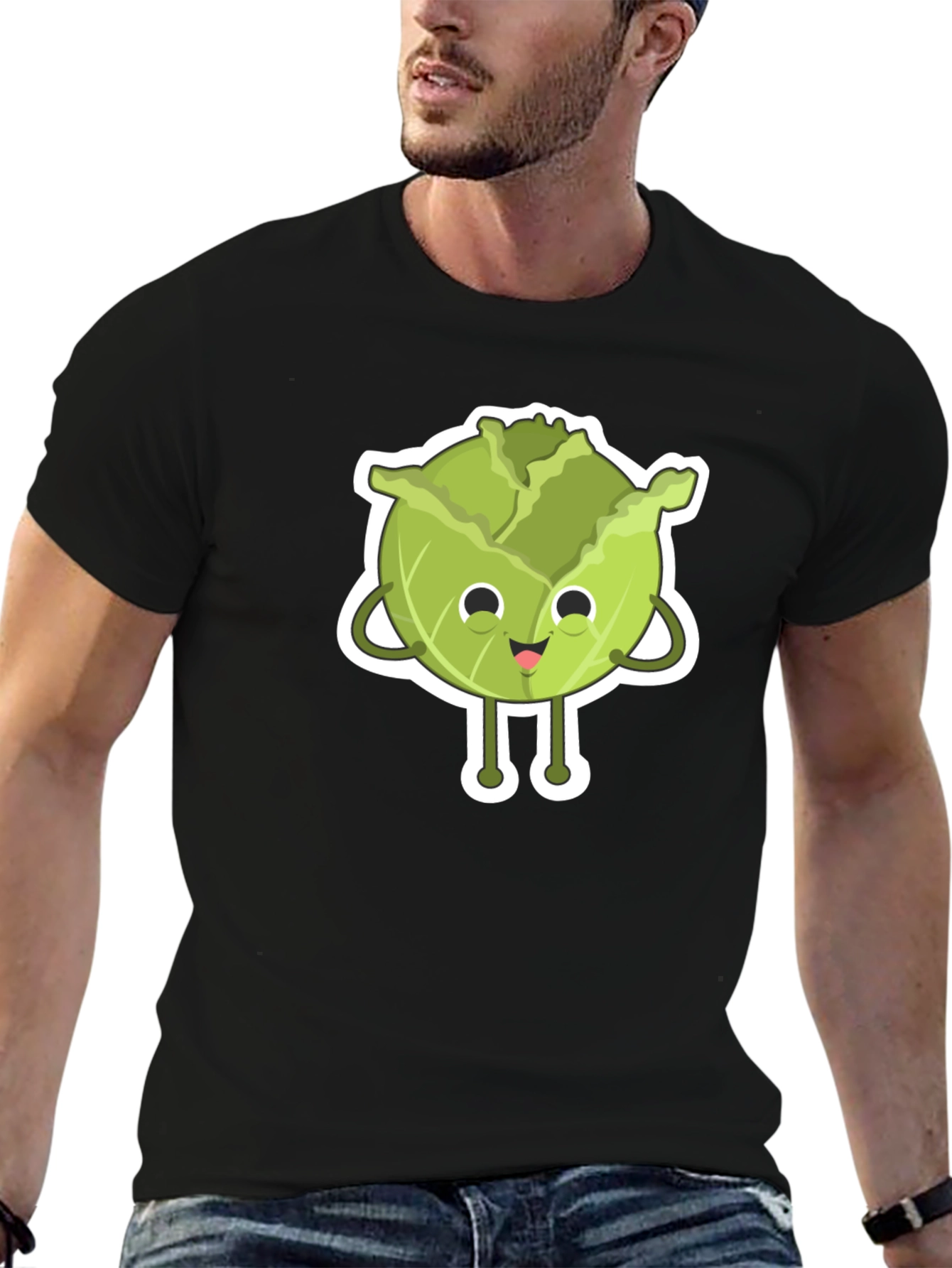 Black Cute Cabbage Cartoon Black T-Shirt view 6